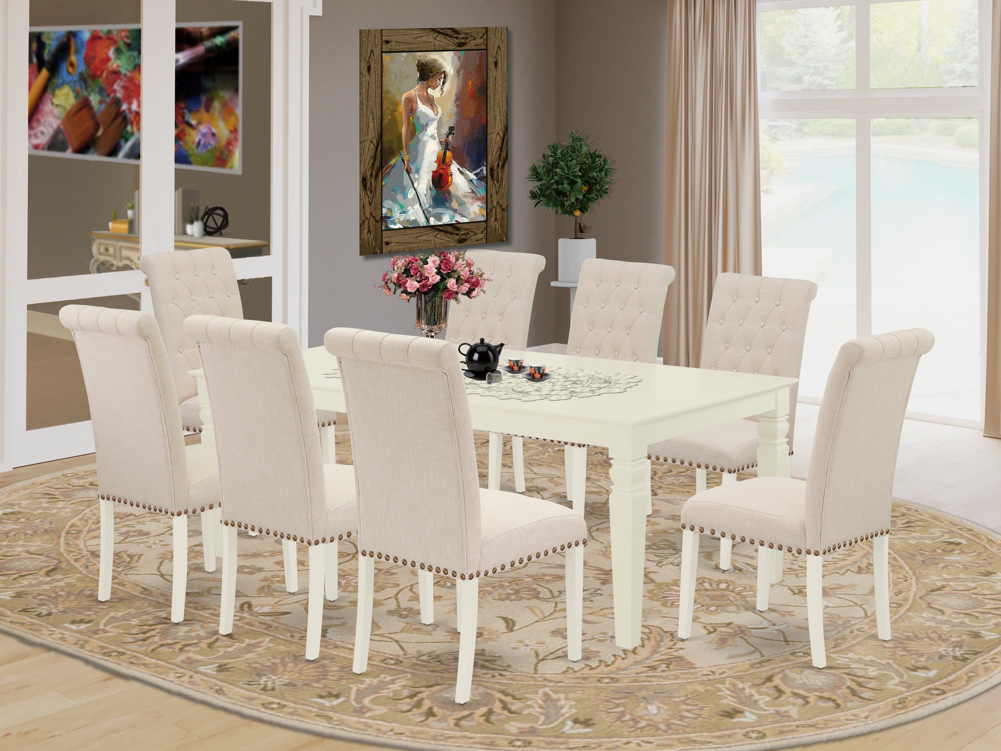 LGBR9-LWH-02 9Pc Dining Set Includes a Rectangle Dining Table with Butterfly Leaf and Eight Parson Chairs with Light Beige Fabric, Linen White Finish