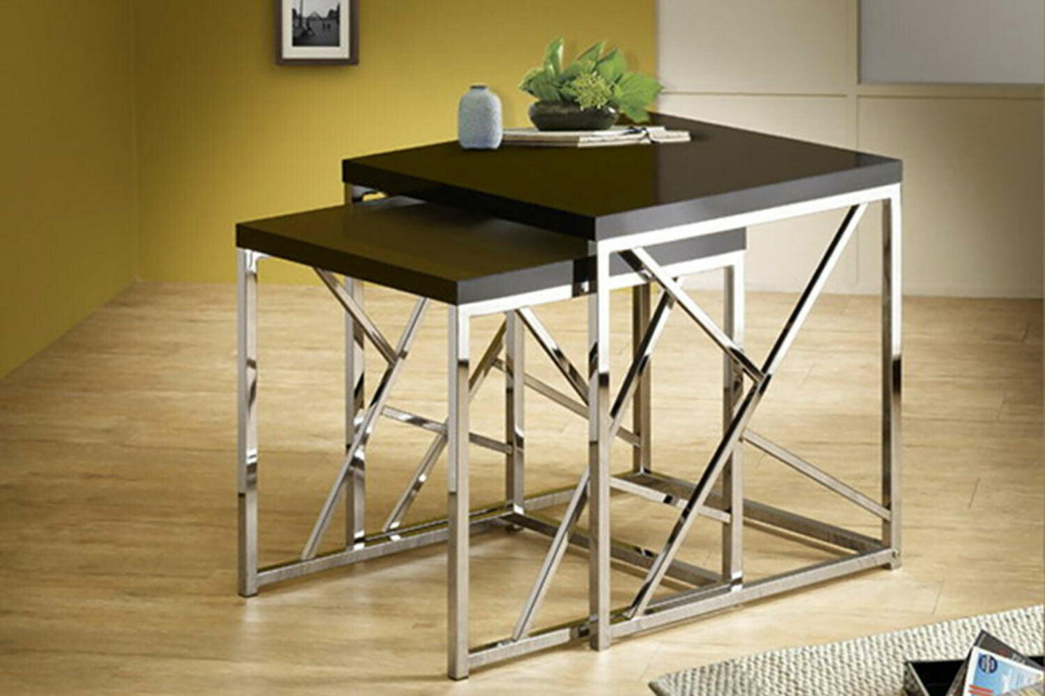 Modern Wood And Chrome Black Nesting Tables Set of 2