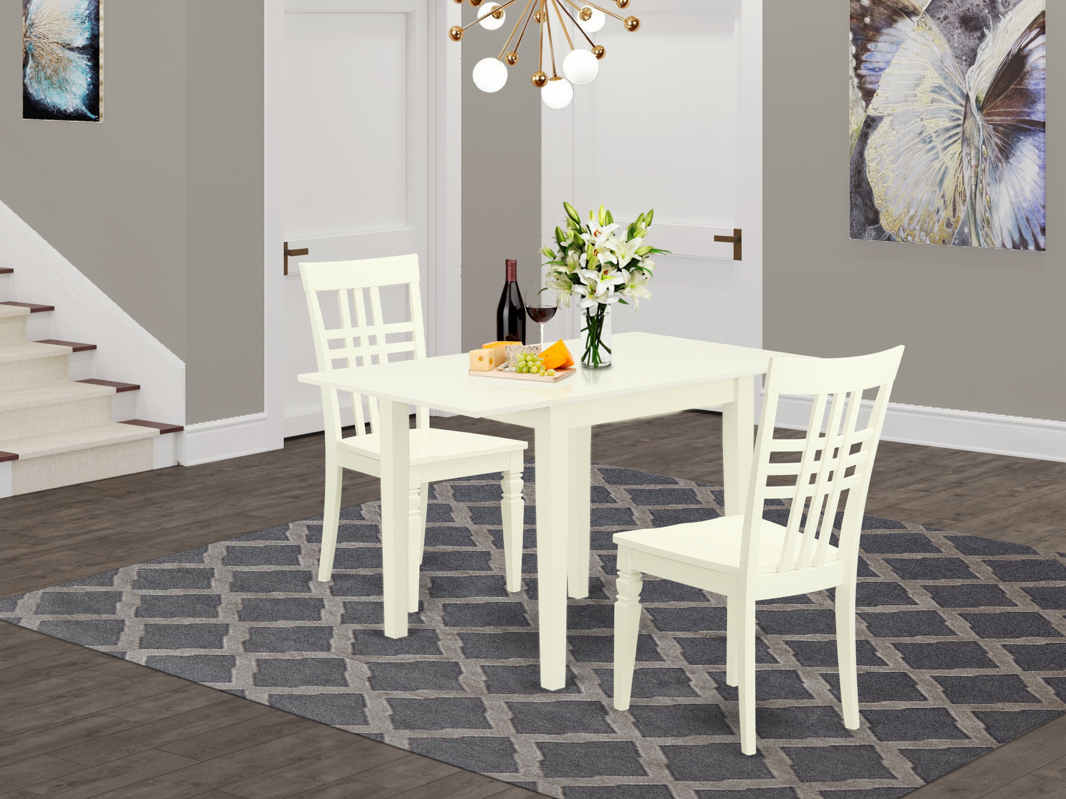 East West Furniture NDLG3-LWH-W 3Pc Dining Table Set Consists of a Small Kitchen Table and 2 Dining Room Chair with Hard Wood Seat and Panel Back, Linen White Finish