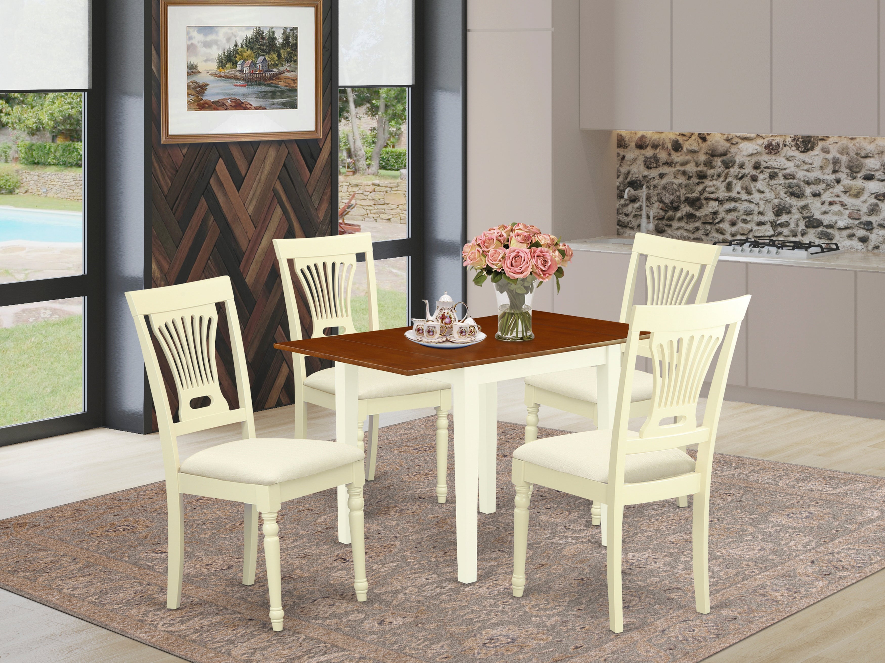East West Furniture NDPL5-WHI-C, 5Pc Kitchen Table Set Contains a Dinette Table and 4 Dining Chairs with Microfiber Upholstery Seat and Panel Back, Buttermilk and Cherry Finish