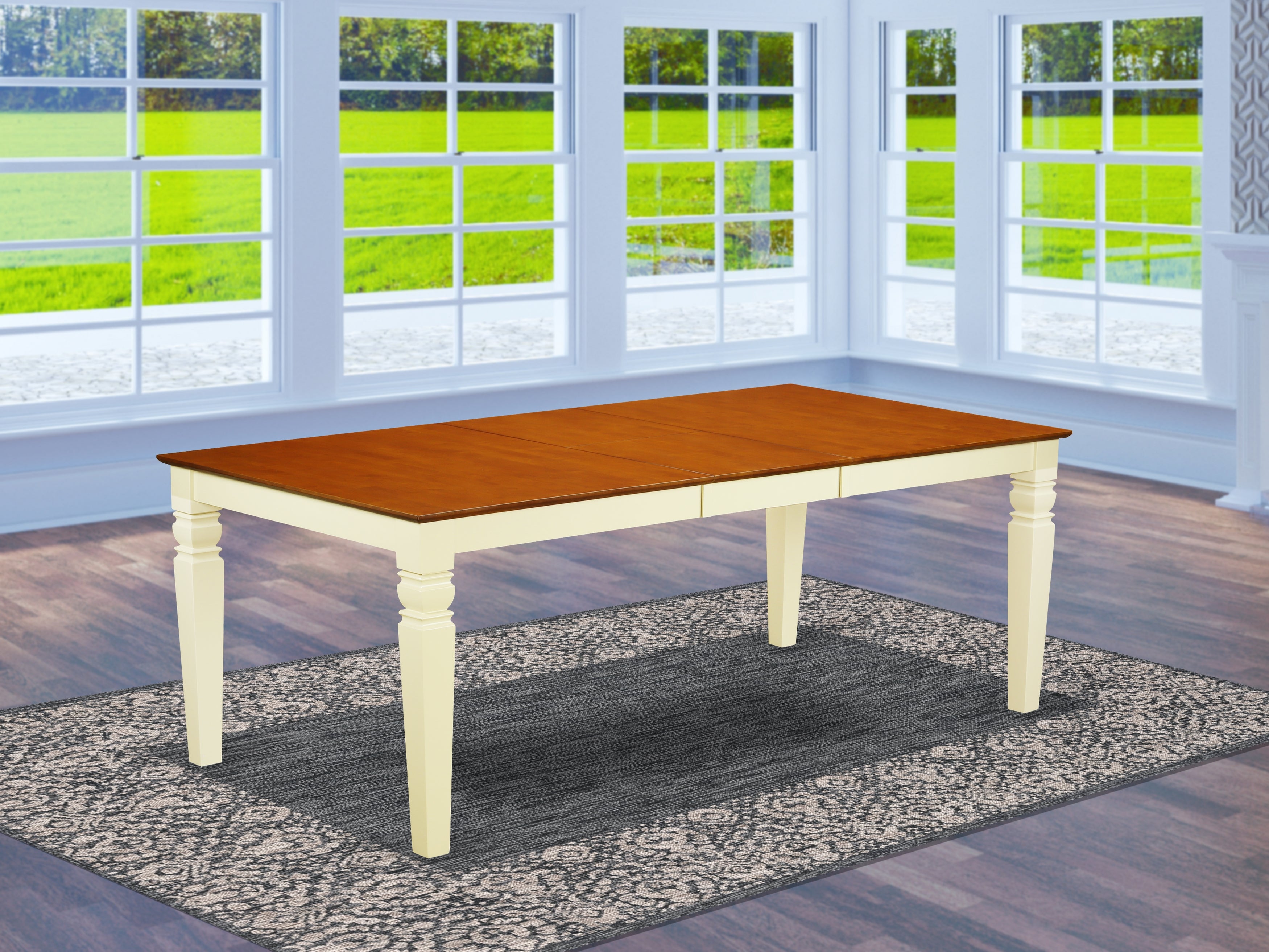 LGT-BMK-T Logan Dining Table with Wood Seat - Butermilk & Cherry Finish.