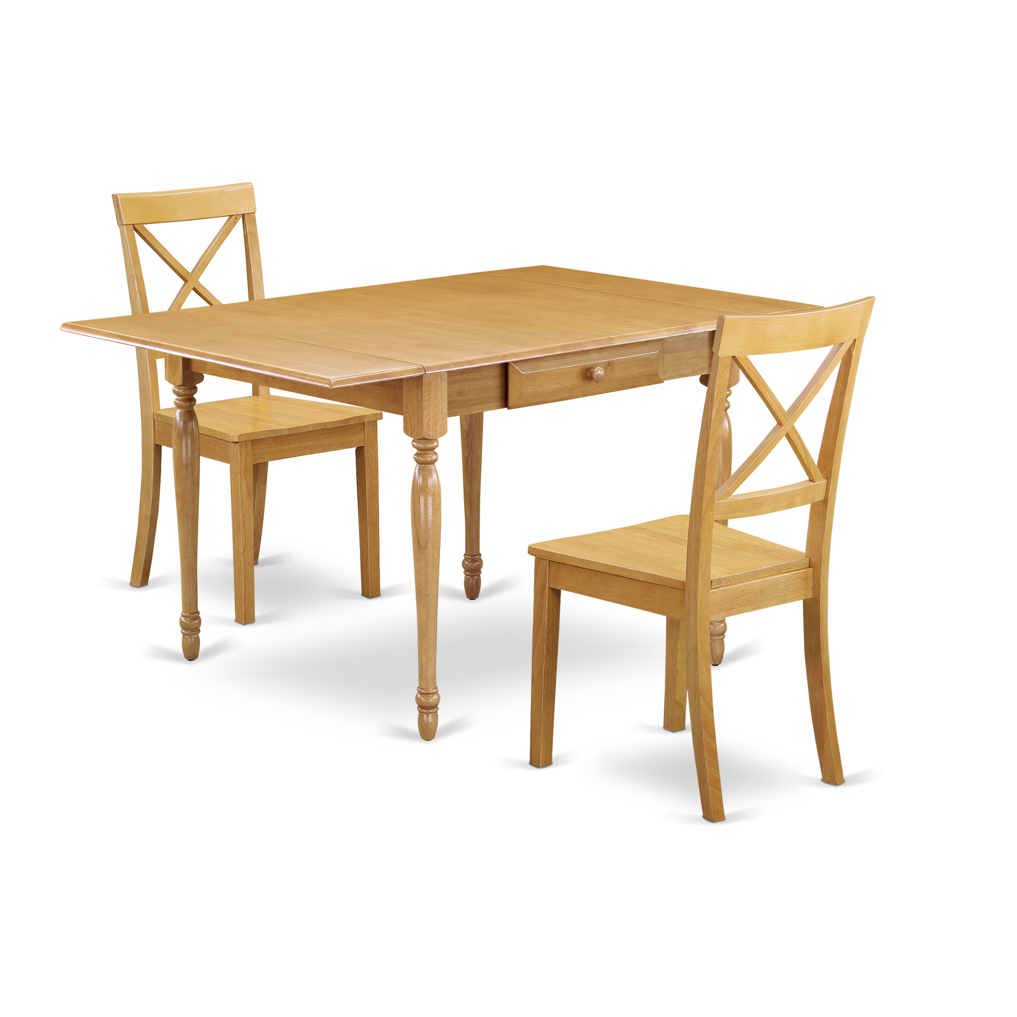 East West Furniture MZBO3-OAK-W 3Pc Dinette Sets for Small Spaces Includes a Kitchen Table and 2 Wood Dining Chairs with Wooden Seat, Drop Leaf Table with X Back Chairs, Oak Finish