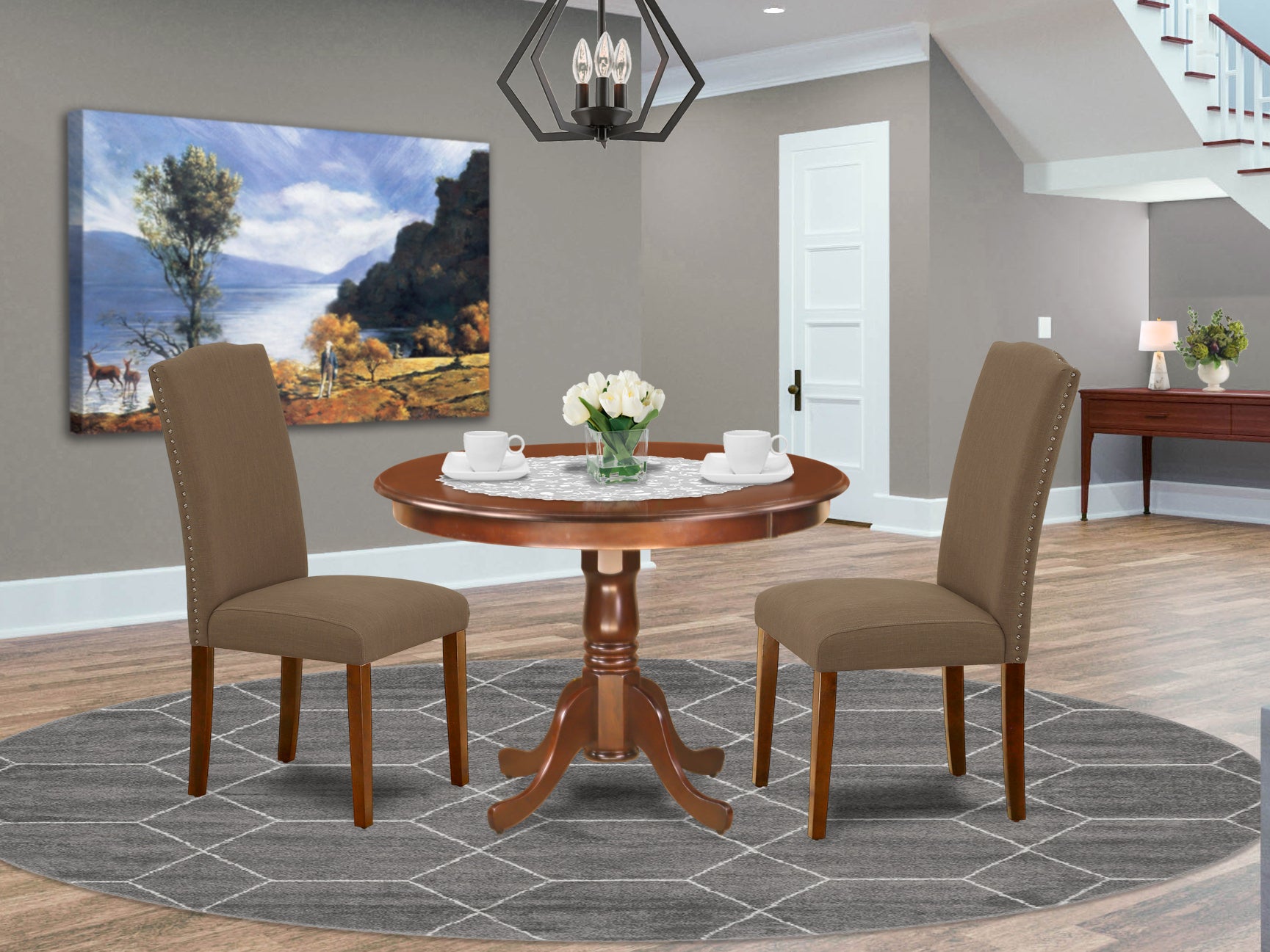 HLEN3-MAH-18 3Pc Rounded 42 Inch Dining Room Table And 2 Parson Chair With Mahogany Leg And Linen Fabric Dark Coffee