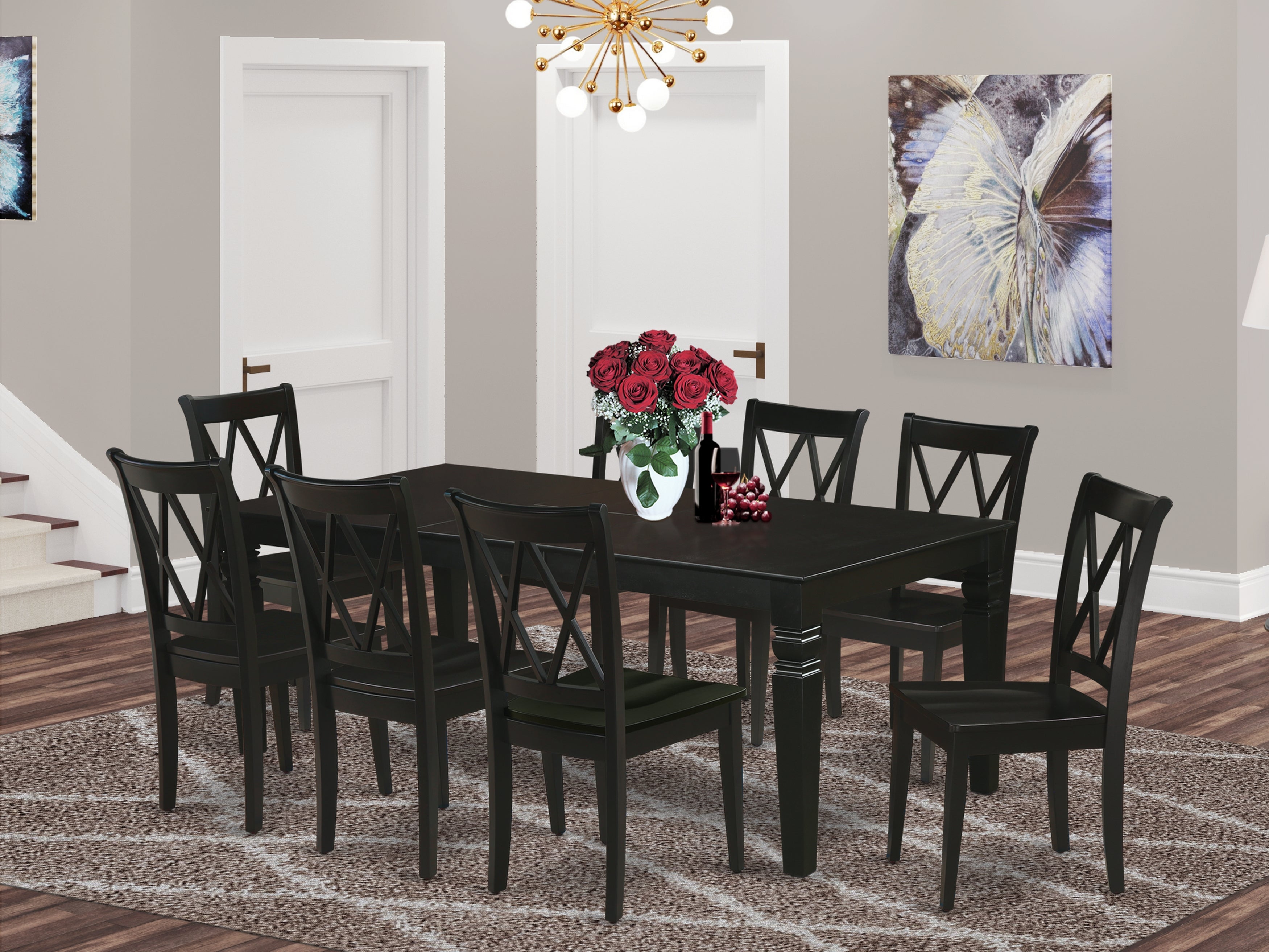 LGCL9-BLK-W 9Pc Rectangle 66/84" Dining Table With 18 In Leaf And 8 Wood Seat Dining Chairs