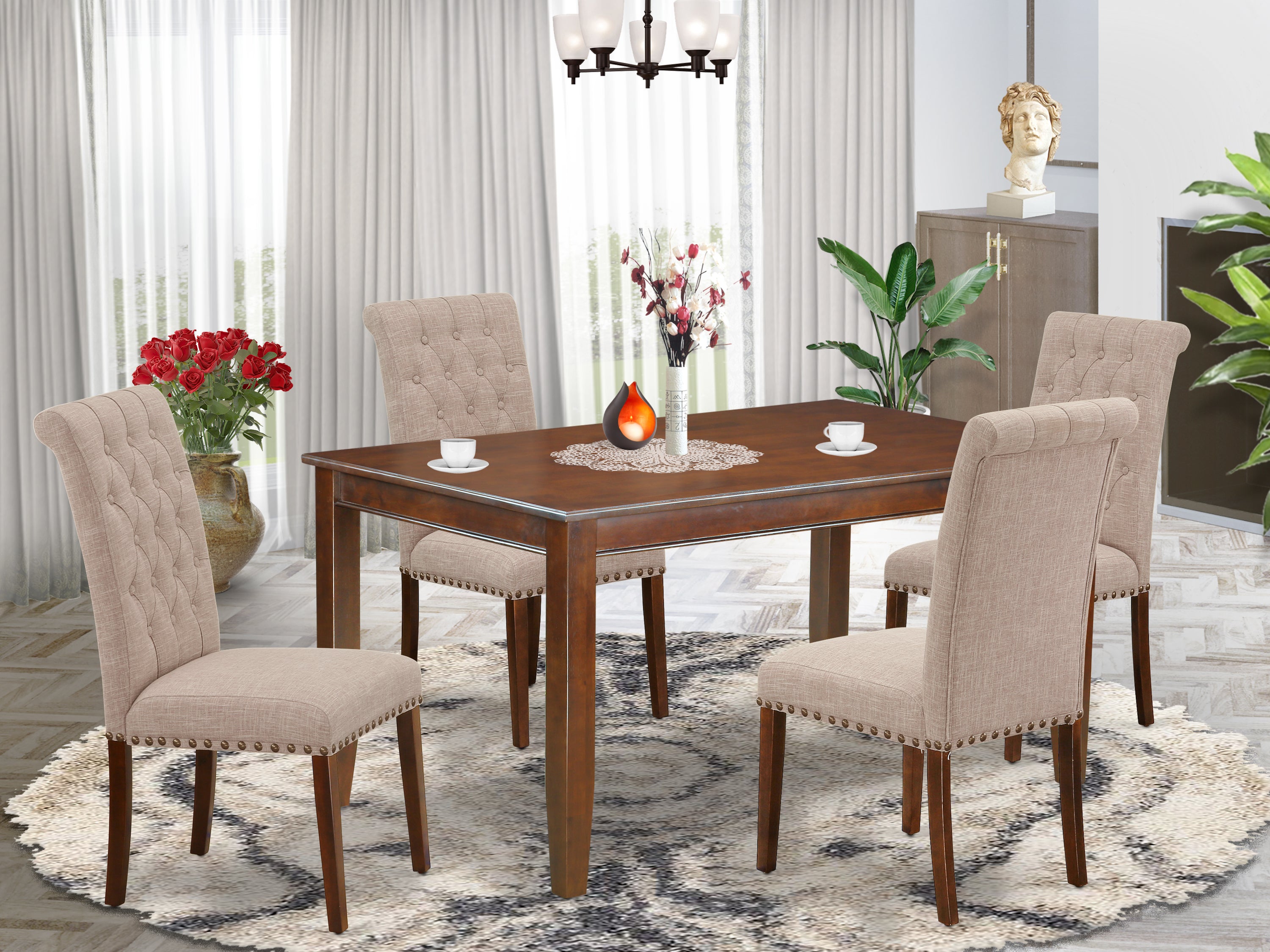 DUBR5-MAH-04 5Pc Dining Set Includes a Rectangle Dining Table and Four Parson Chairs with Light Fawn Fabric, Mahogany Finish