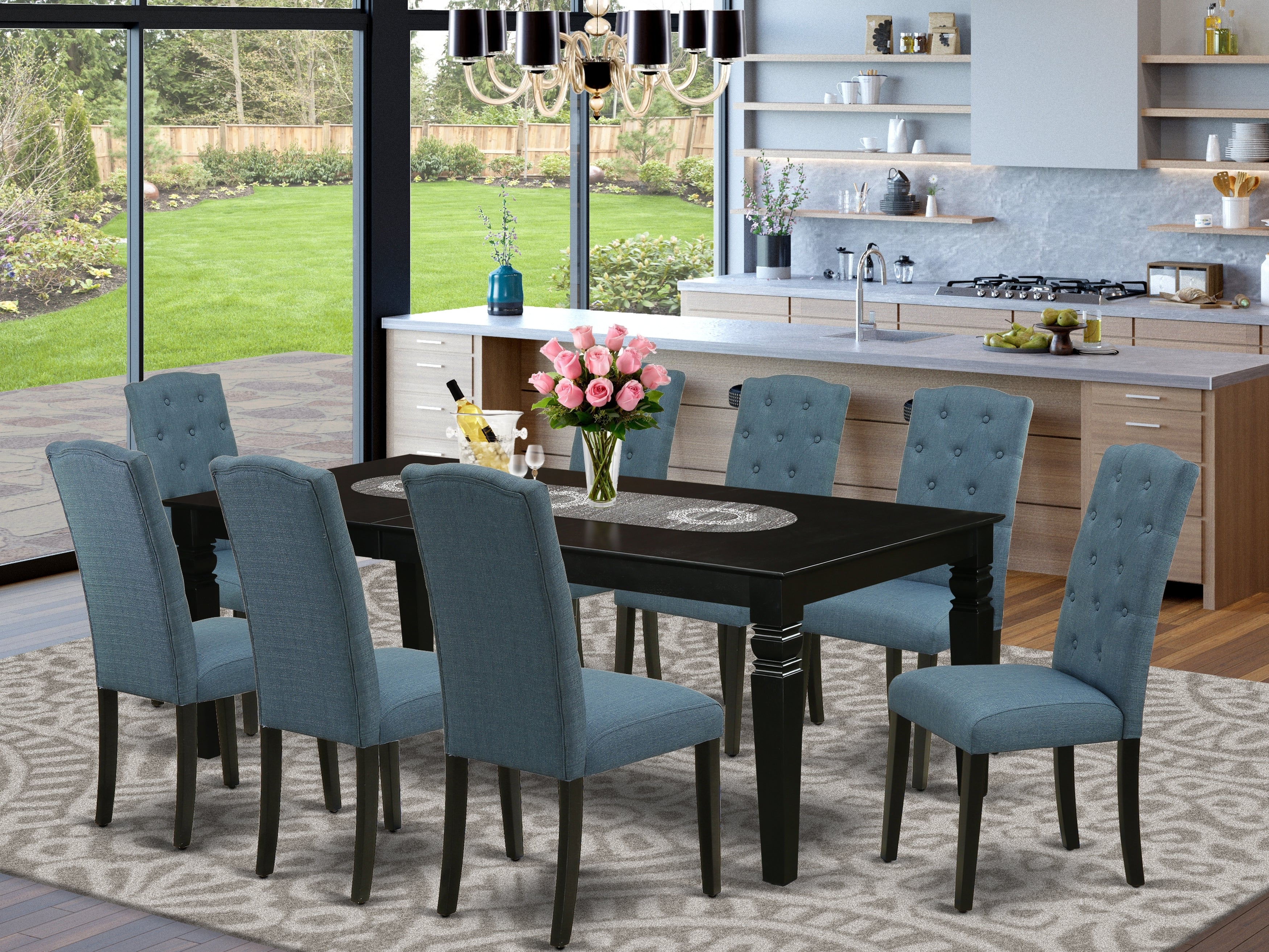 LGCE9-BLK-21 9Pc Dining Set Includes a Rectangle Dining Table with Butterfly Leaf and Eight Parson Chairs with Blue Fabric, Black Finish