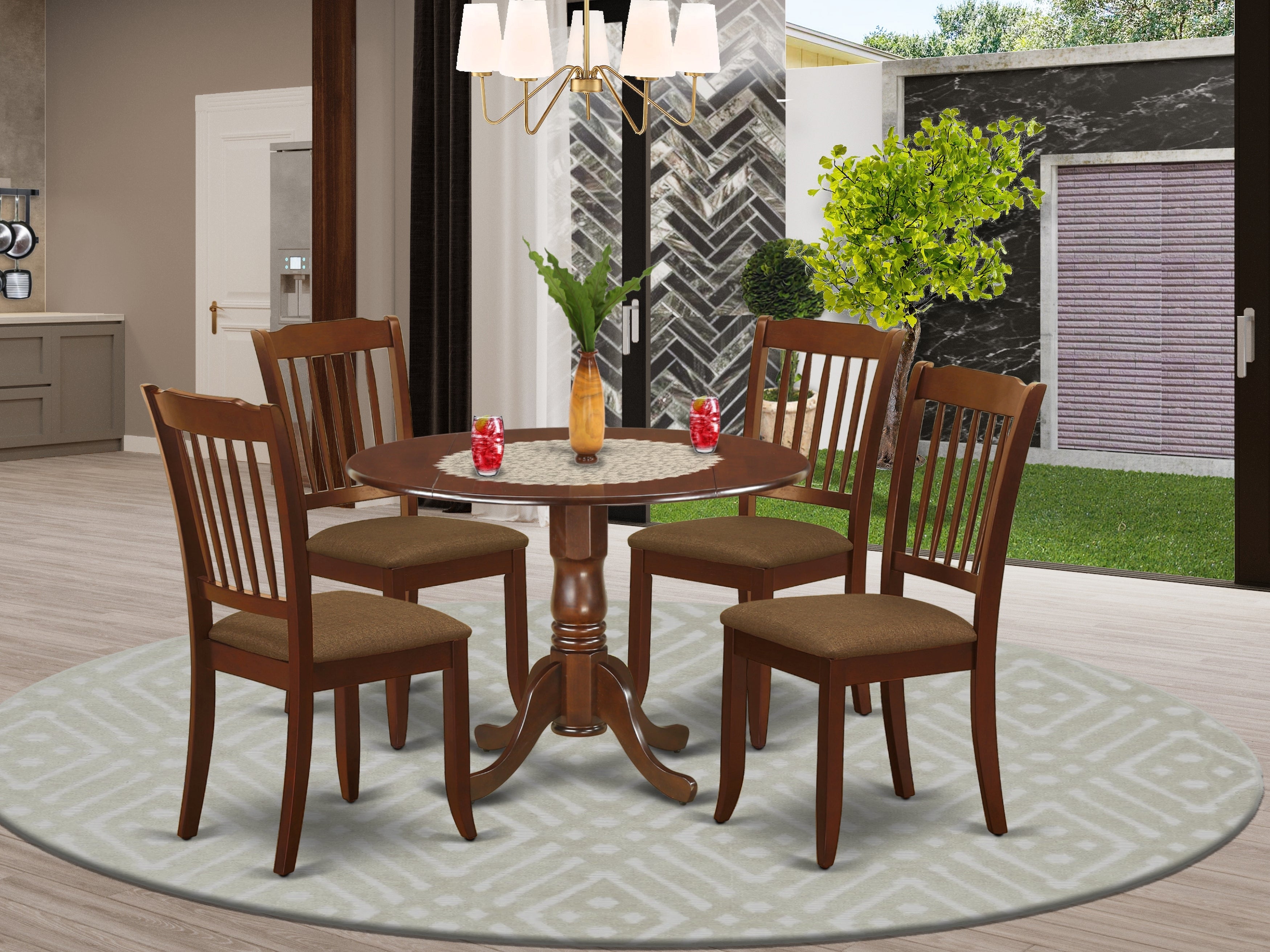 DLDA5-MAH-C 5Pc Dining Set Includes a Round Dinette Table with Drop Leaves and Four Vertical Slatted Microfiber Seat Kitchen Chairs, Mahogany Finish