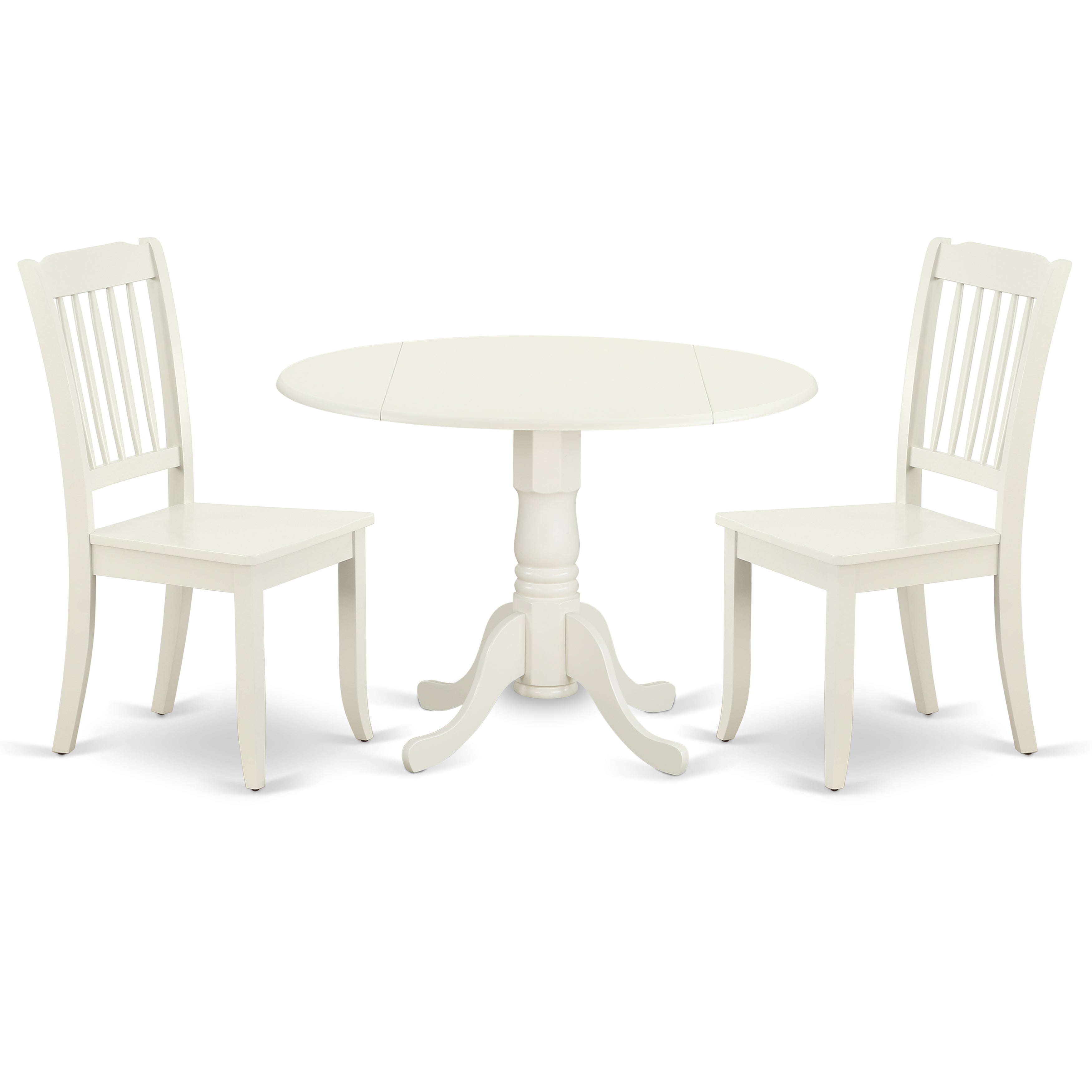 DLDA3-LWH-W 3PC Round 42 inch Table with Two 9-Inch Drop Leaves and 2 vertical slatted Chairs