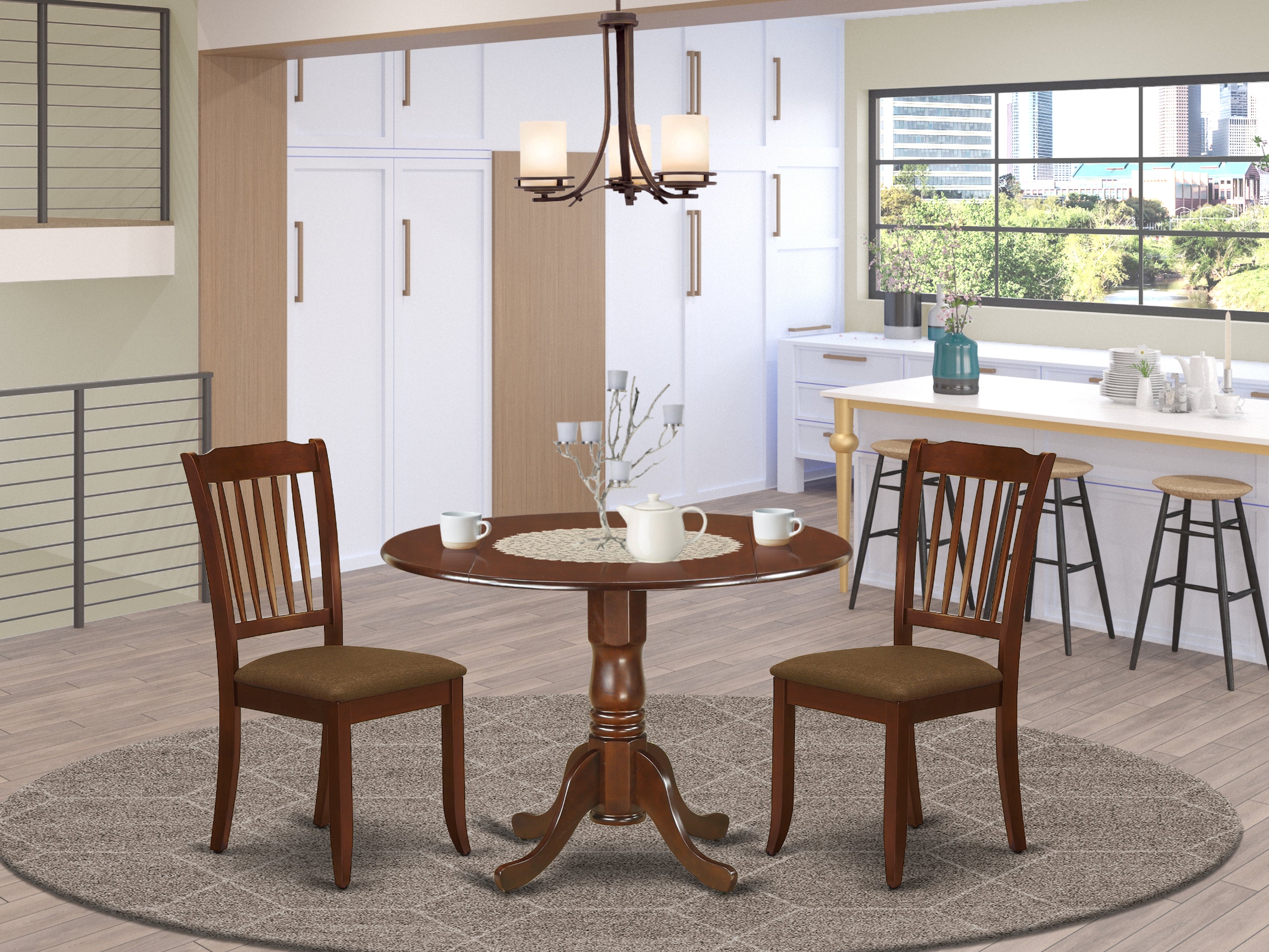 DLDA3-MAH-C 3Pc Dinette Set Includes a Rounded Kitchen Table with Drop Leaves and Two Vertical Slatted Microfiber Seat Dining Chairs, Mahogany Finish