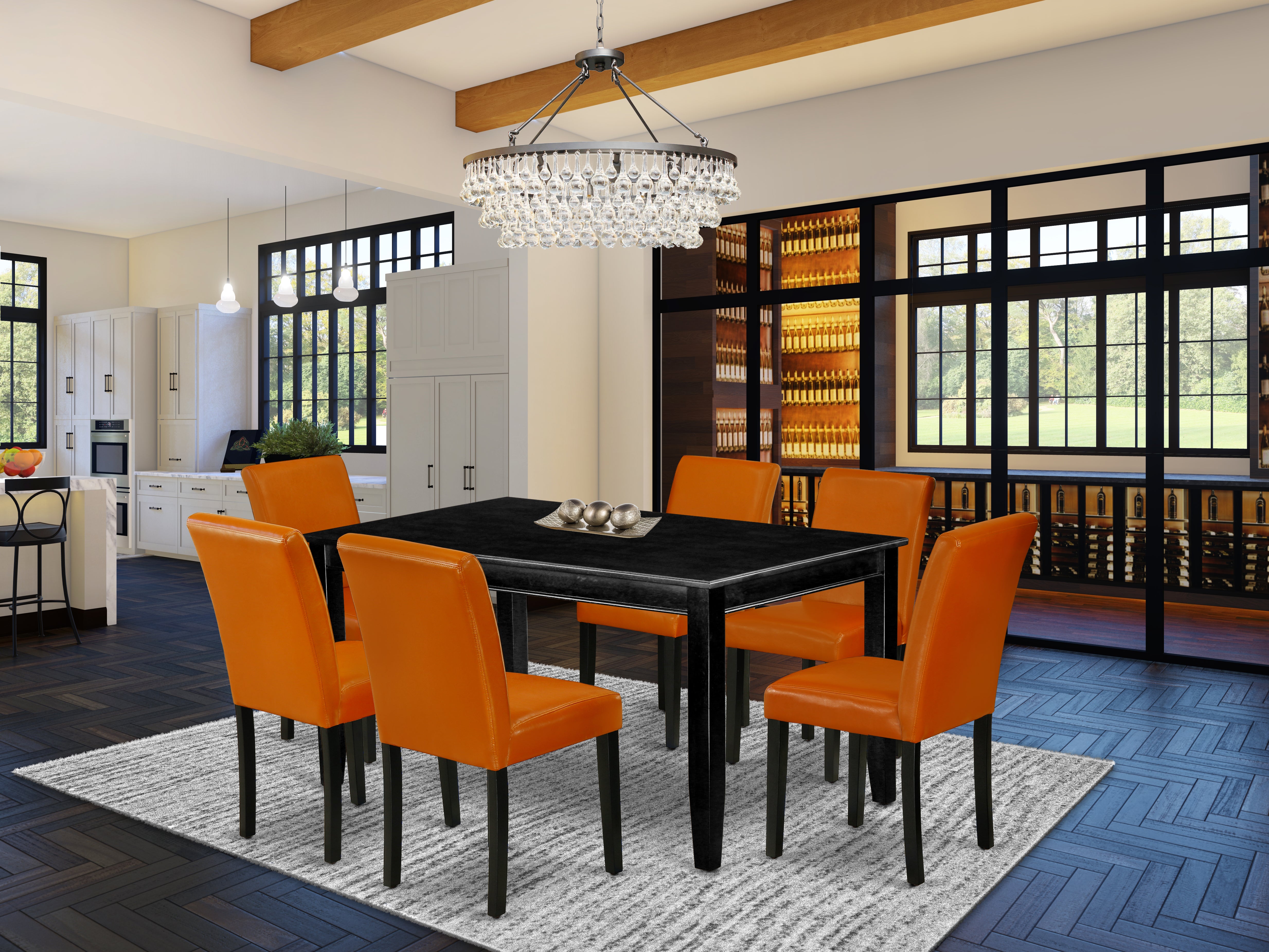 DUAB7-BLK-61 7Pc Rectangular 60 Inch Dining Table And Six Parson Chair With Black Leg And Pu Leather Color Baked Bean