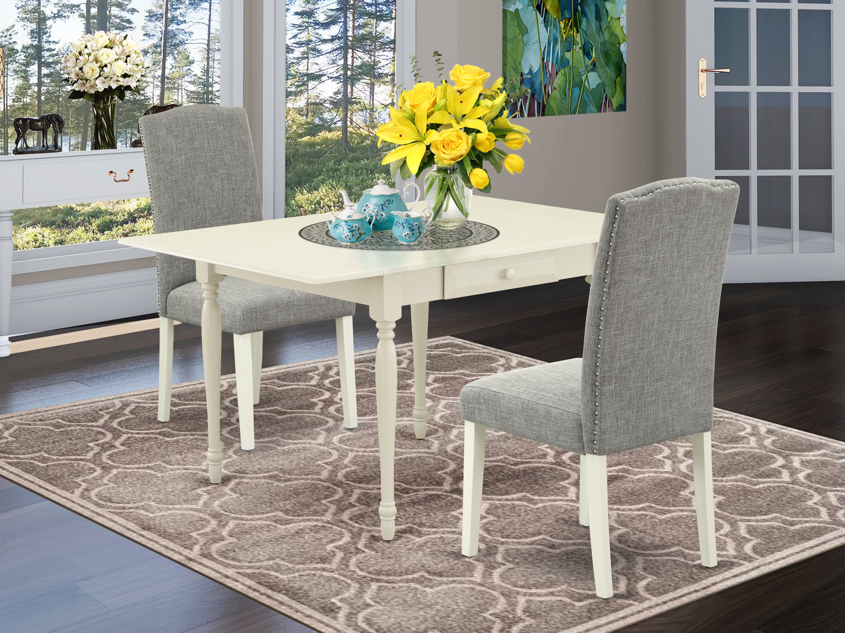East West Furniture MZEN3-LWH-06 3Pc Dining Table Set Contains a Wood Dining Table and 2 Parsons Chairs with Shitake Color Linen Fabric, Drop Leaf Table with Full Back Chairs, Linen White Finish