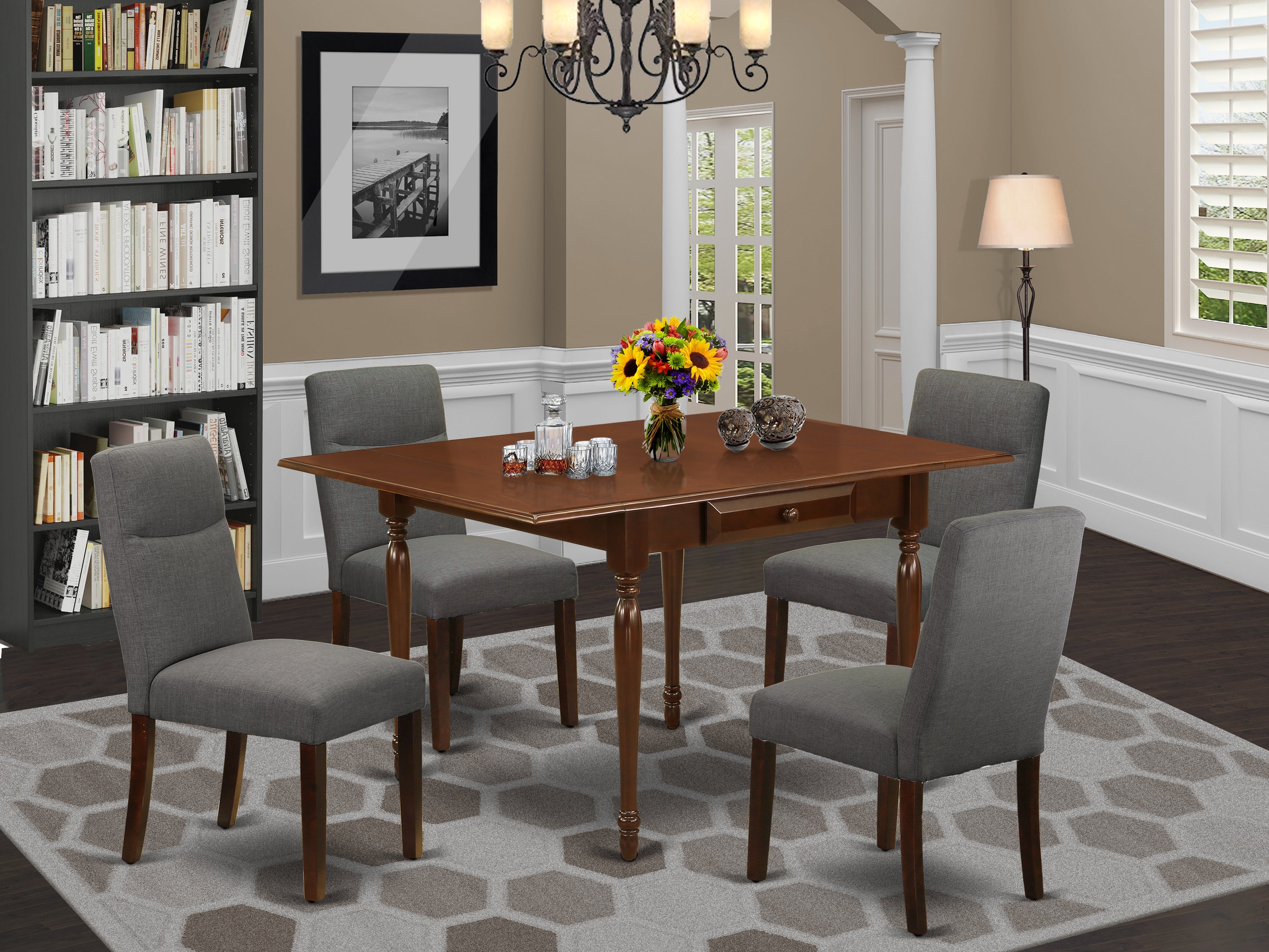 East West Furniture MZBE5-MAH-06 5Pc Dinette Set Offers a Small Dining Table and 4 Parson Dining Chairs with Shitake Color Linen Fabric, Drop Leaf Table with Full Back Chairs, Mahogany Finish
