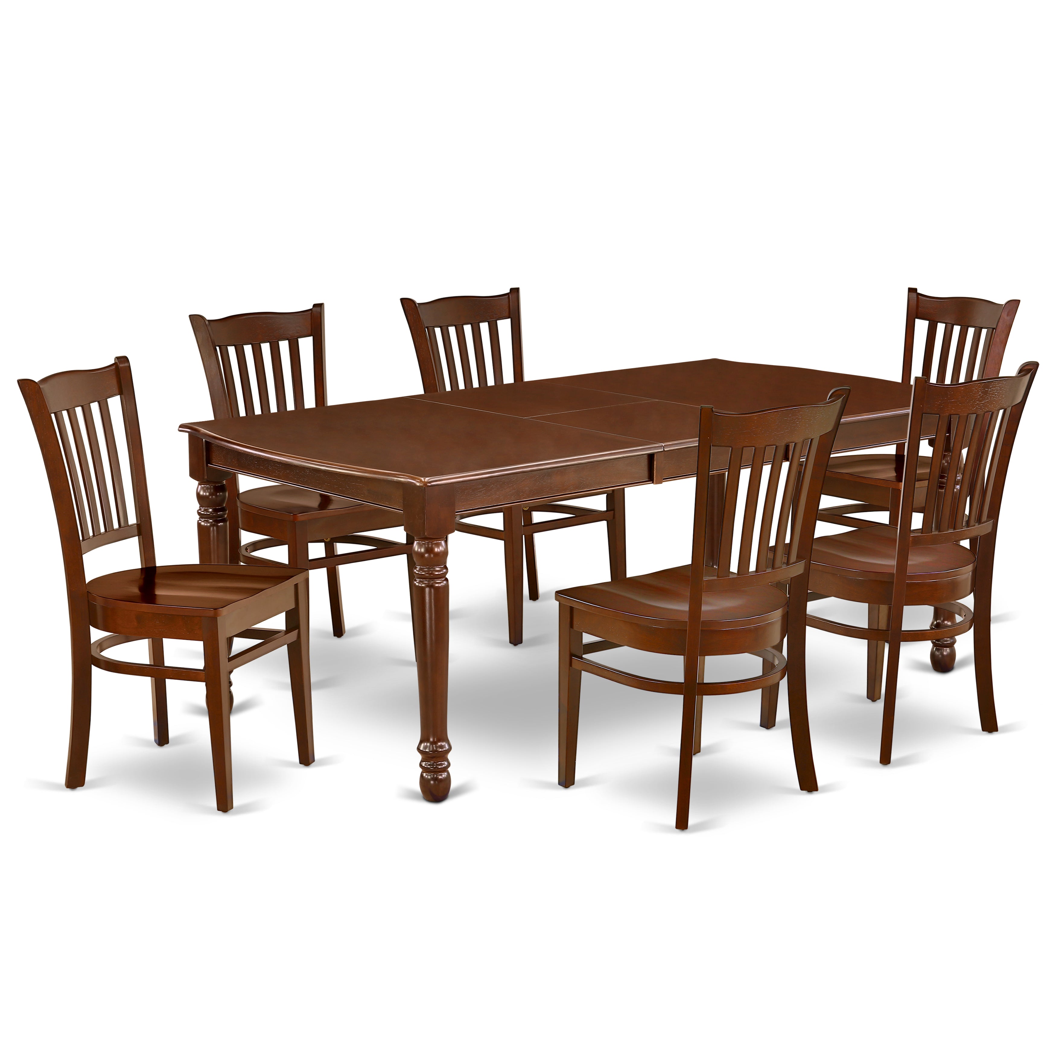 DOGR7-MAH-W 7Pc Rectangular 60/78" Kitchen Table With 18 In Leaf And Six Wood Seat Kitchen Chairs
