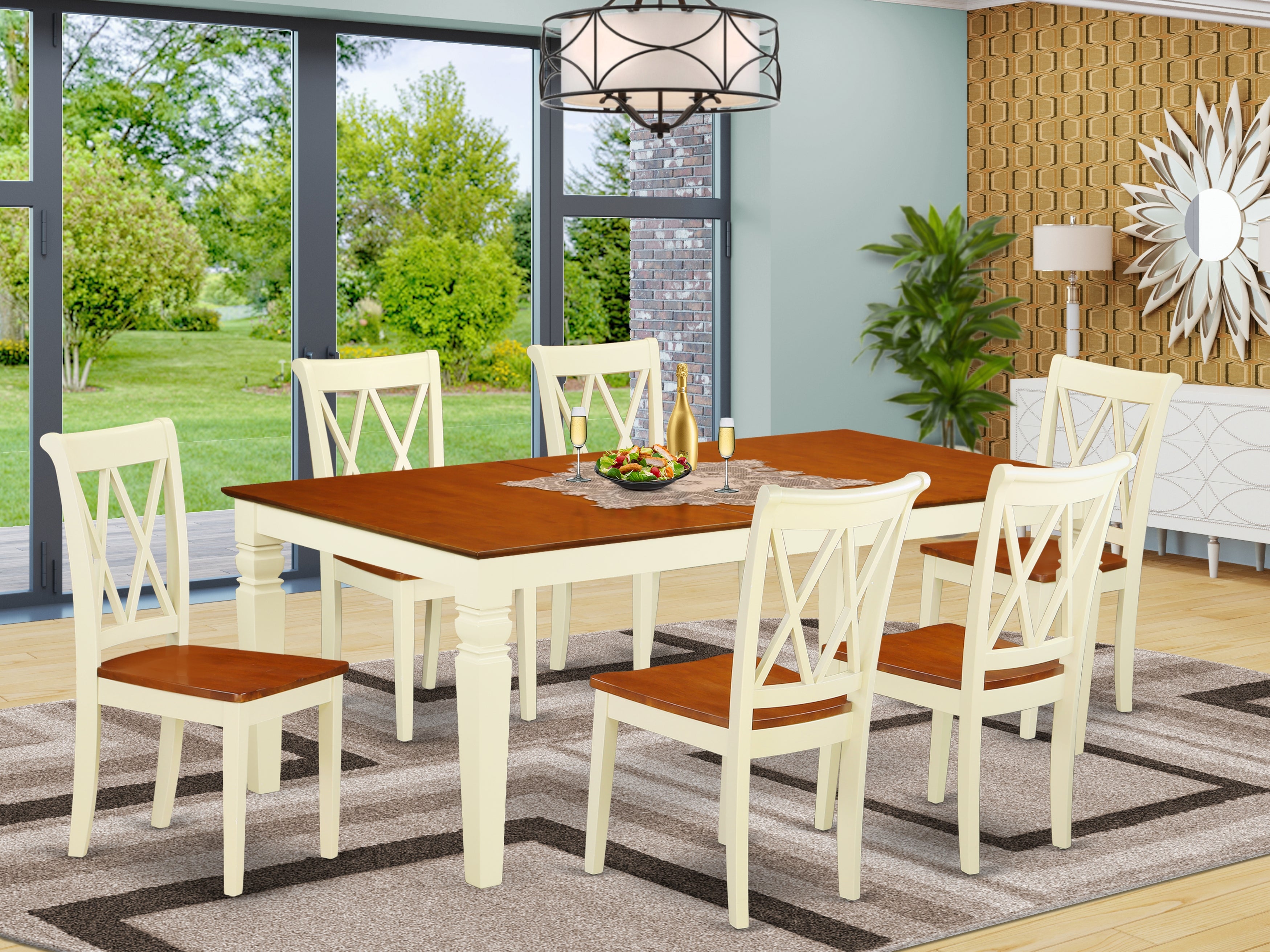 LGCL7-BMK-W 7PC Rectangular 66/84 inch Table with 18 In Leaf and 6 Double X back Chairs