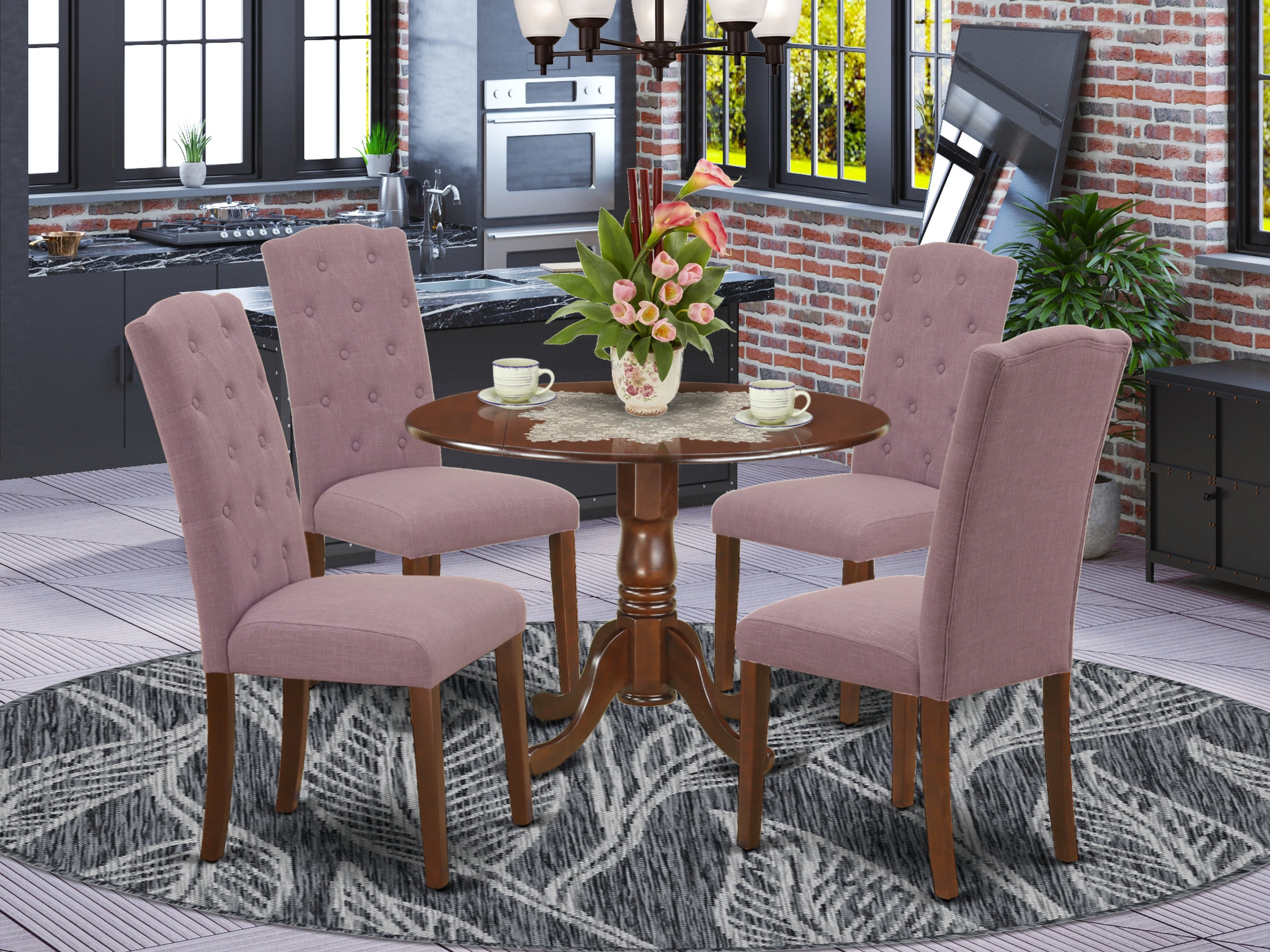 DLCE5-MAH-10 5Pc Dining Set Includes a Small Round Dinette Table with Drop Leaves and Four Parson Chairs with Dahlia Fabric, Mahogany Finish