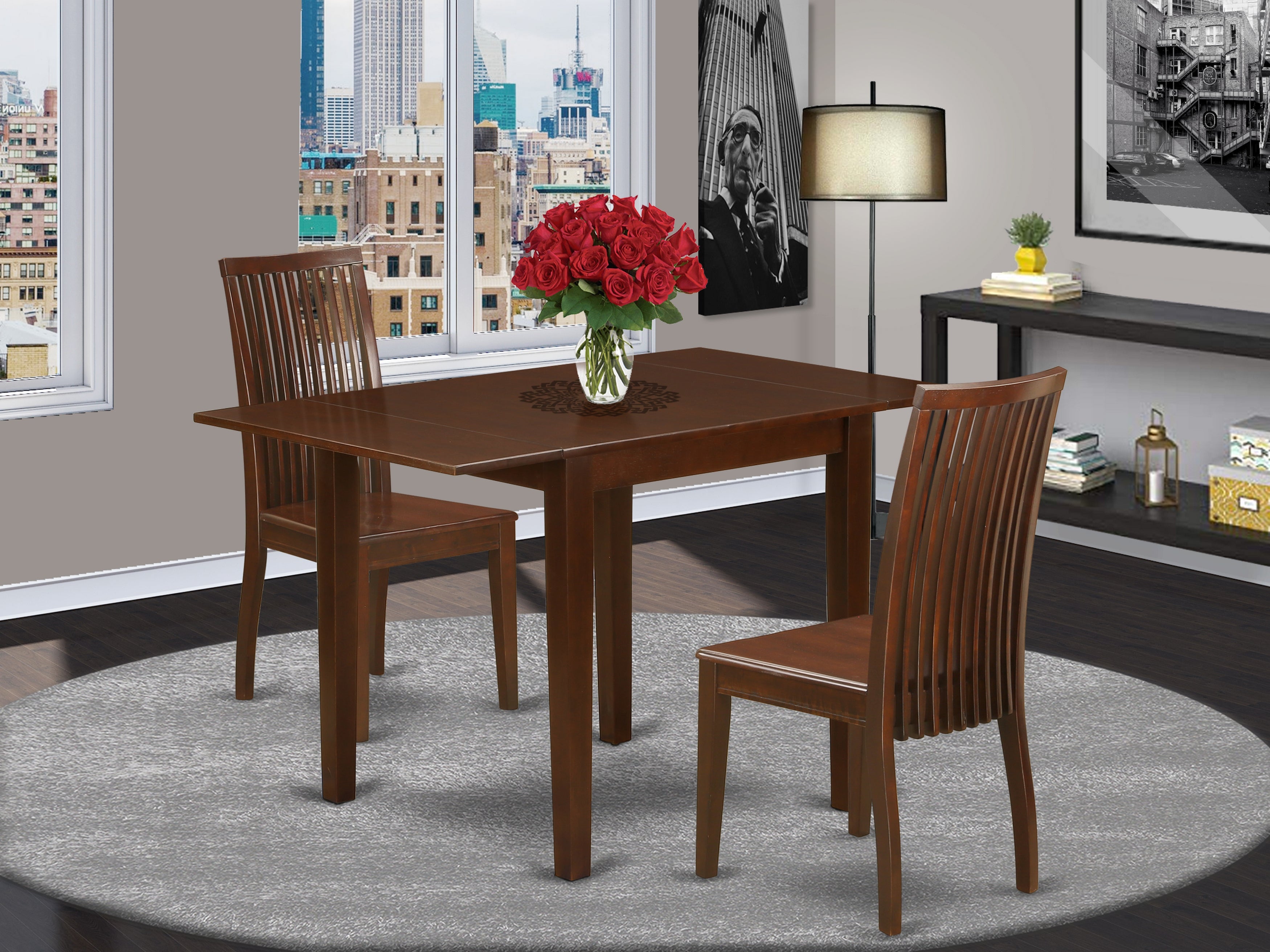 East West Furniture NDIP3-MAH-W 3Pc Dinette Set Includes a Small Dining Table and 2 Dinette Chairs with Rubberwood Seat and Slat Back, Mahogany Finish