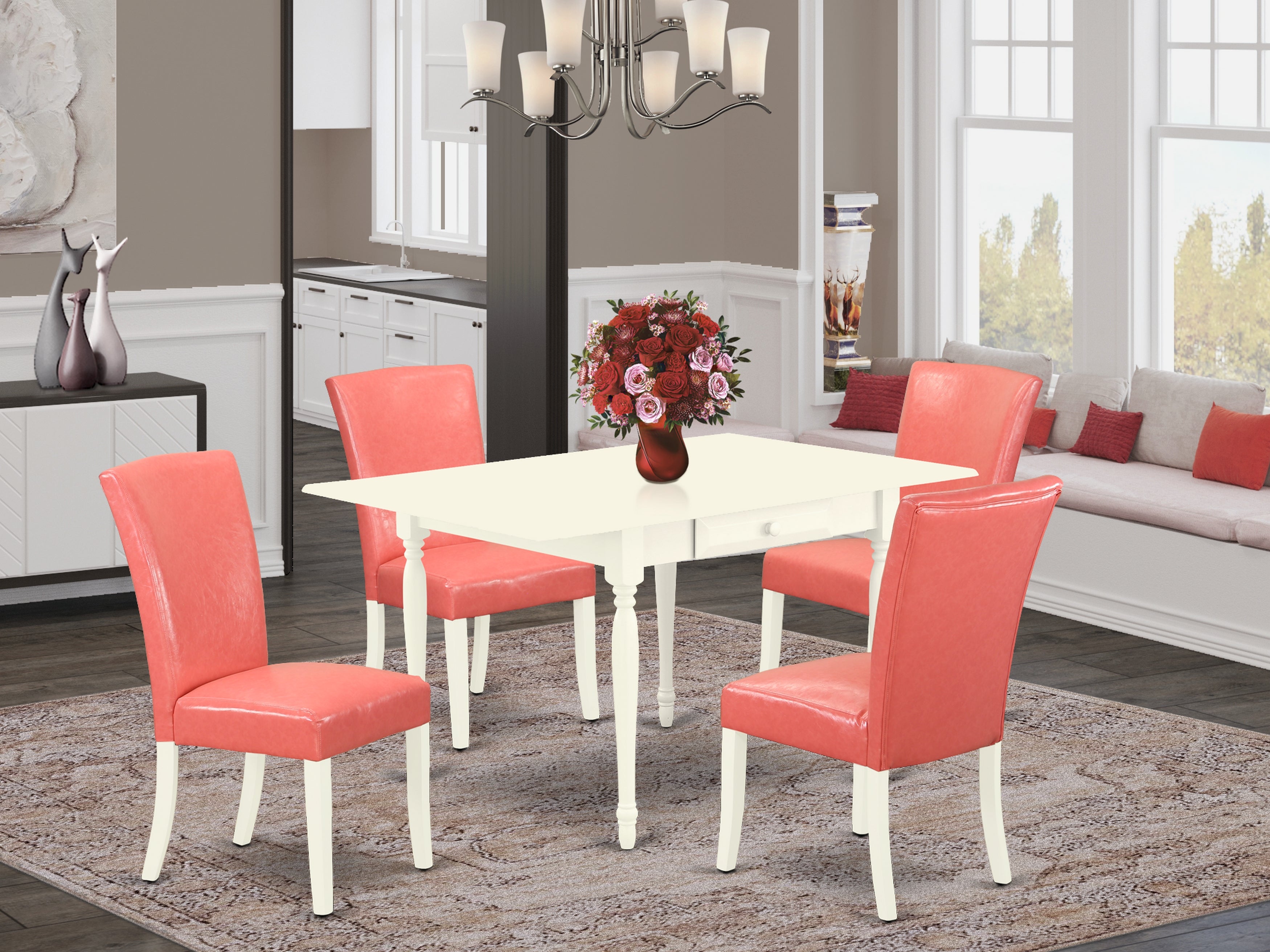 East West Furniture MZAL5-LWH-78 5Pc Dining Set for 4 Contains a Wood Dining Table and 4 Parson Chairs with Pink Flamingo Color PU Leather, Drop Leaf Table with Full Back Chairs, Linen White Finish