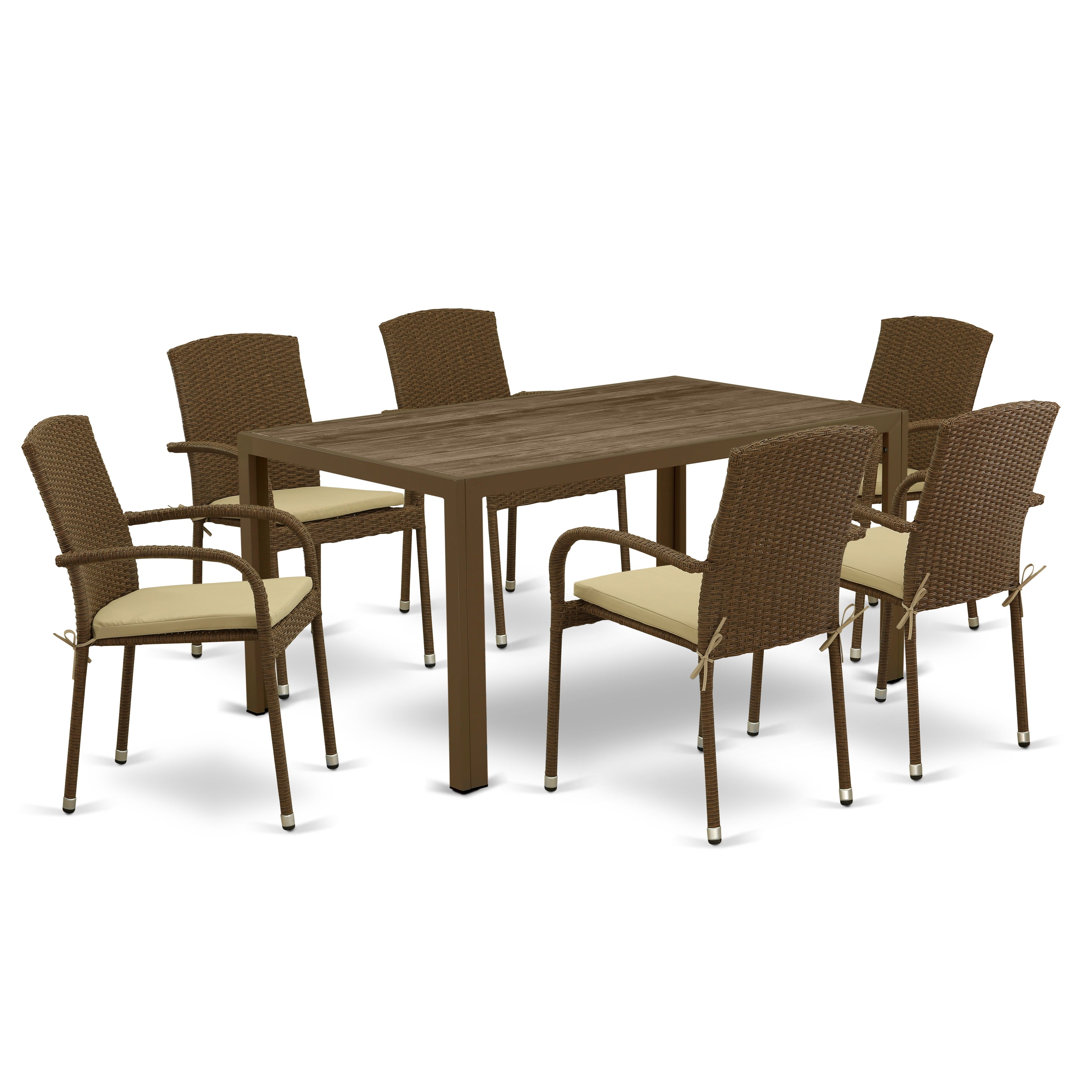 JUJU7-02A 7Pc Outdoor-Furniture Brown Wicker Dining Set Includes a Patio Table and 6 Balcony Backyard Armchair with Linen Fabric Cushion