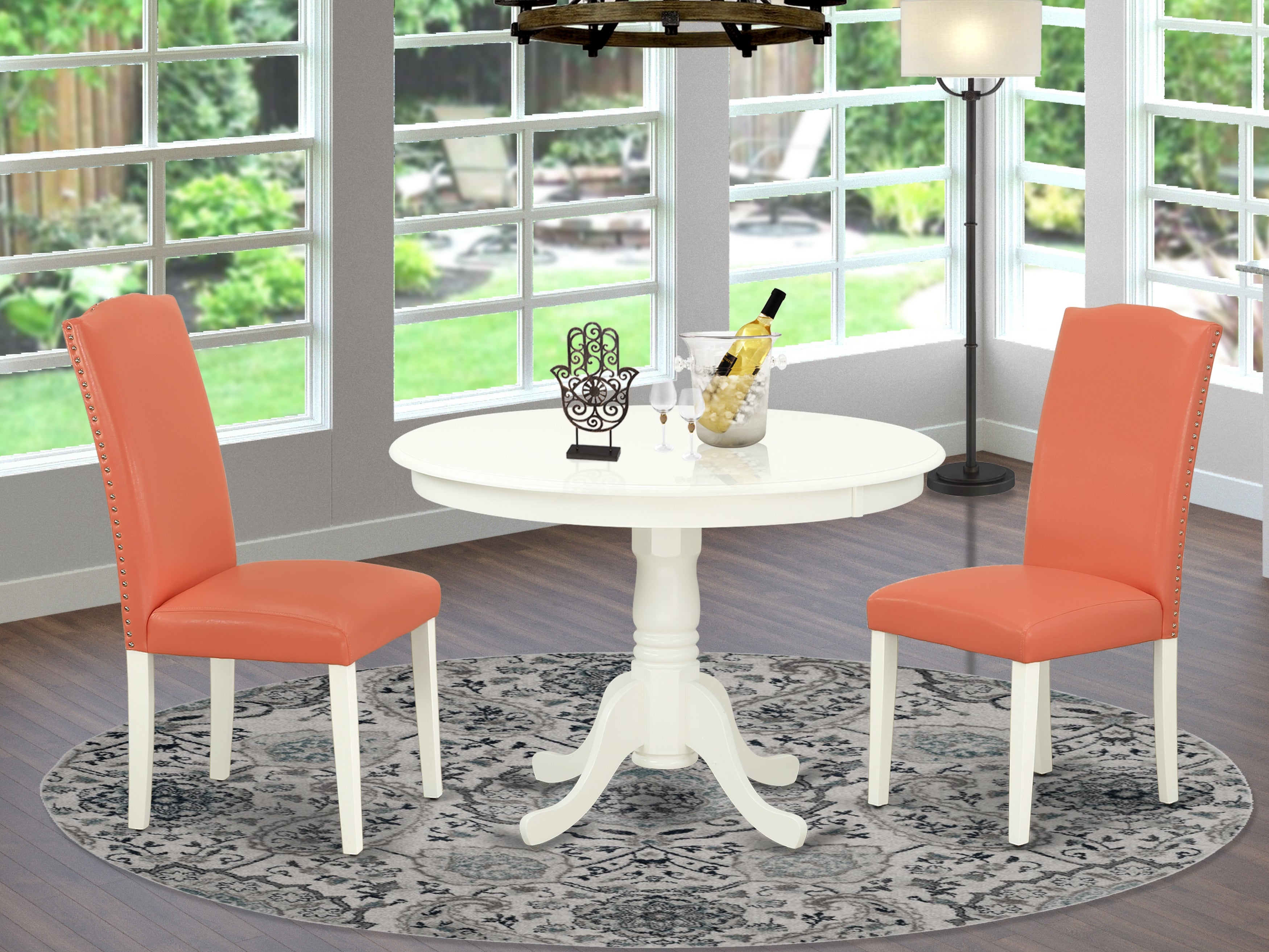 HLEN3-LWH-78 3Pc Rounded 42 Inch Dining Room Table And 2 Parson Chair With Linen White Leg And Pu Leather Color Pink Flamingo