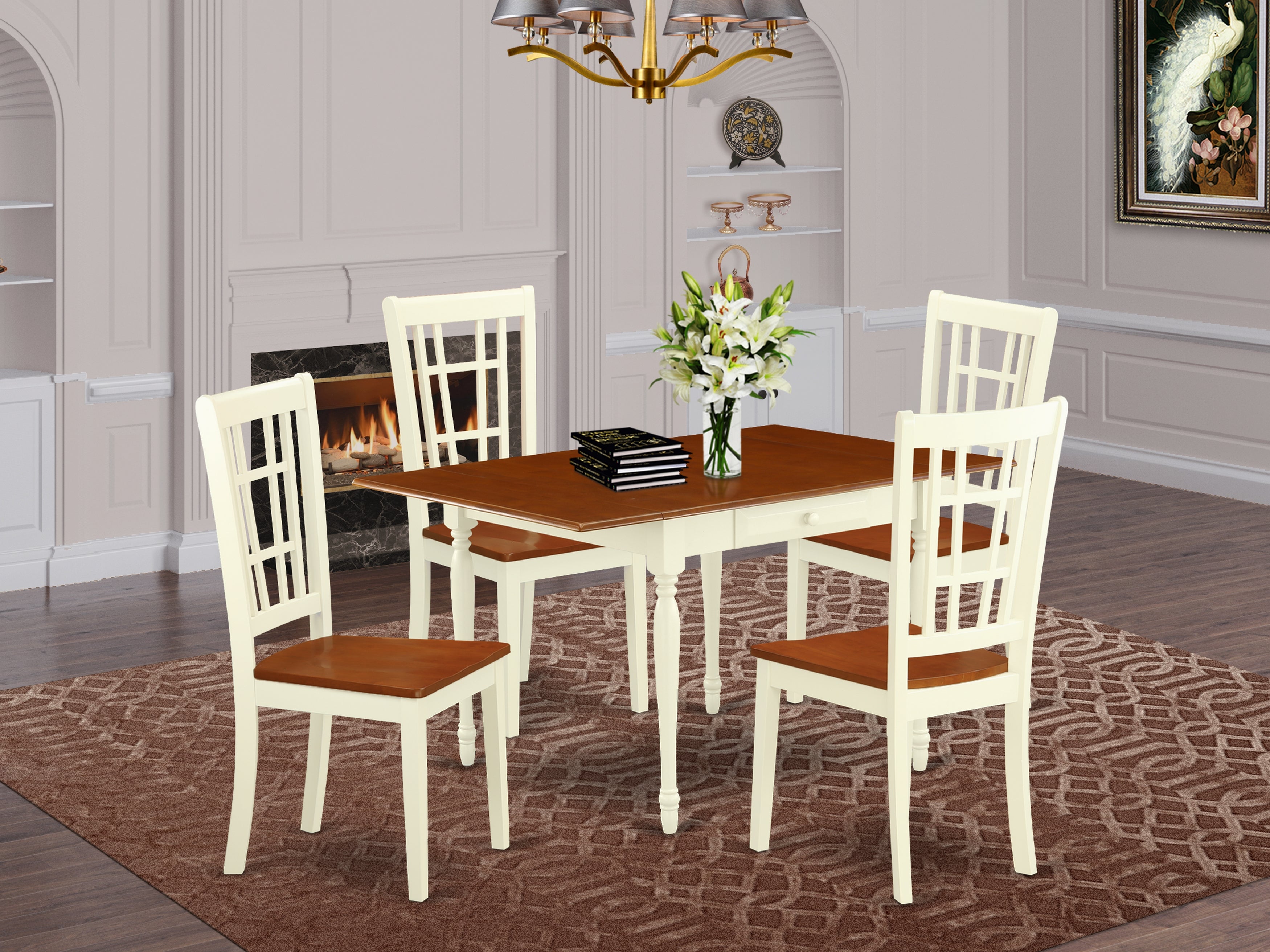 East West Furniture MZNI5-WHI-W 5 Pieces Dining set - Durable Drop Leaf Wooden Wood Table and 4 Hardwood Seat Kitchen Chairs, Buttermilk and Cherry Finish