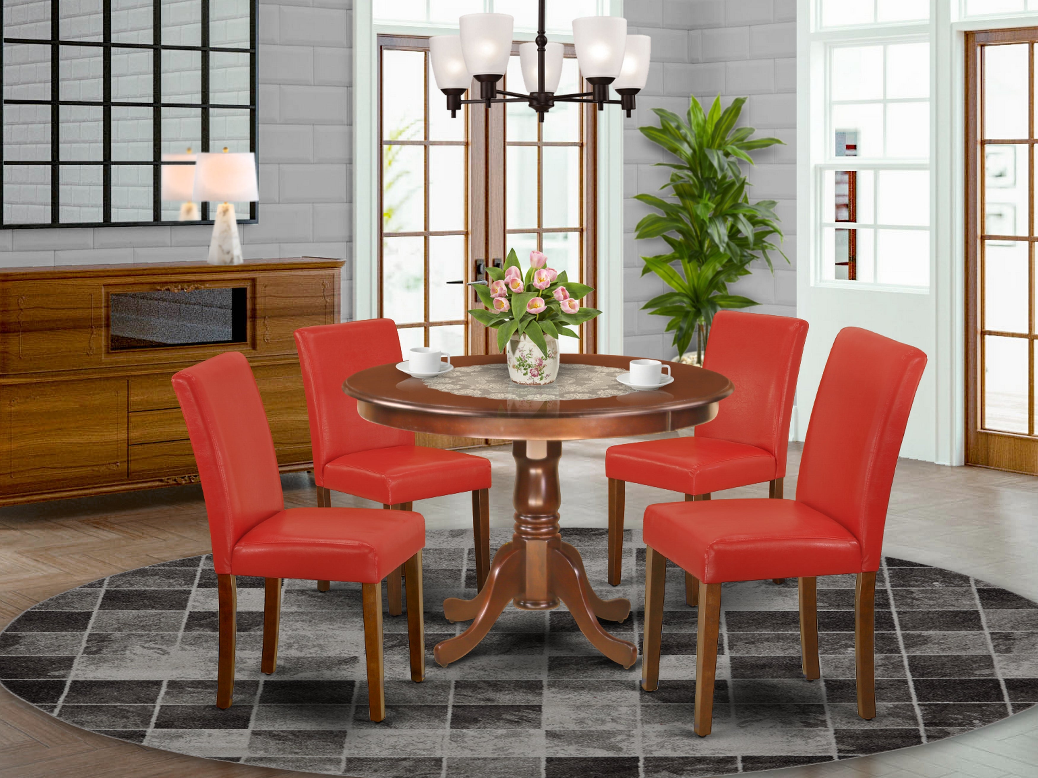 HLAB5-MAH-72 5Pc Round 42 Inch Dinette Table And Four Parson Chair With Mahogany Leg And Pu Leather Color Firebrick Red