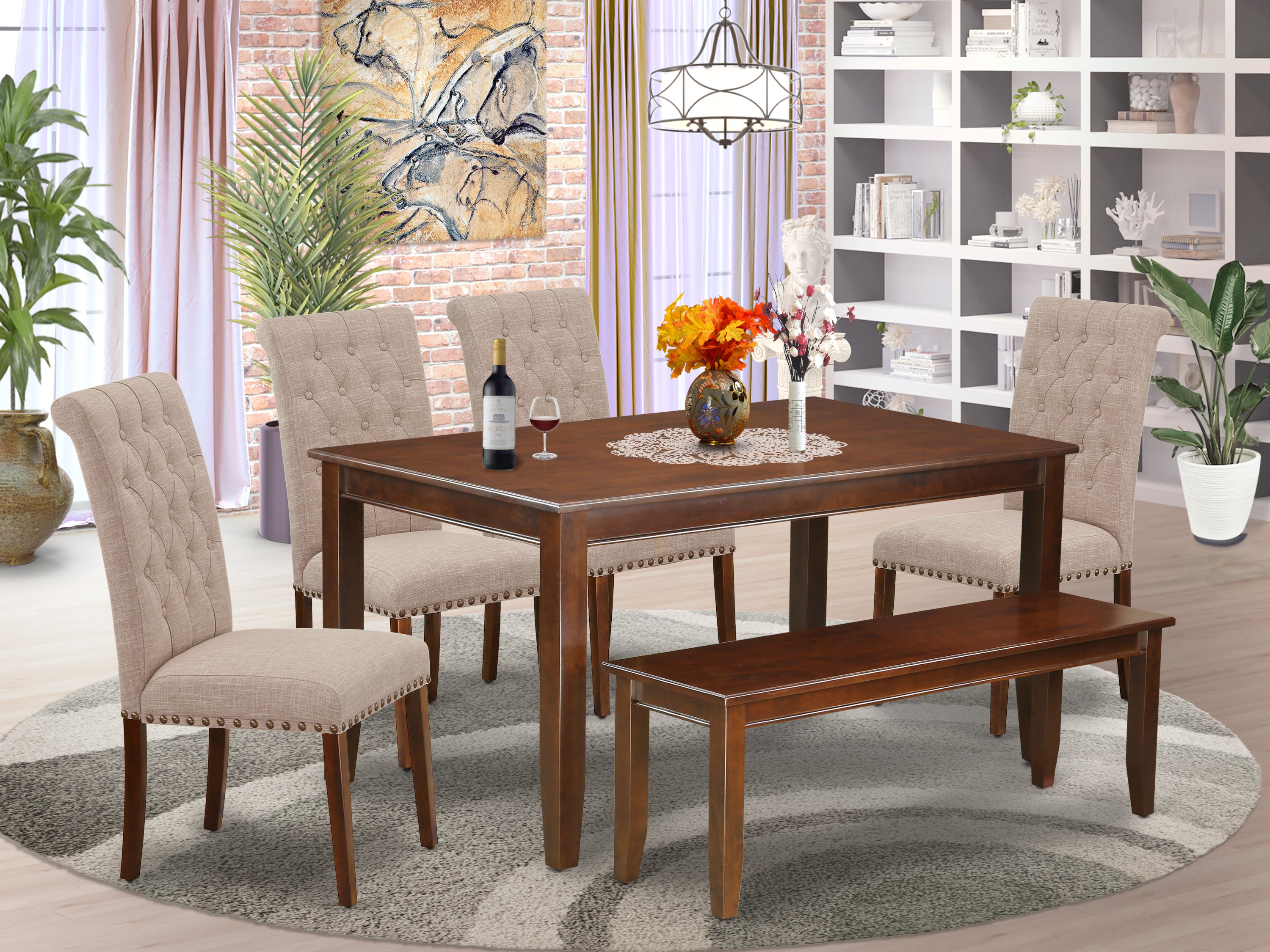 DUBR6-MAH-04 6Pc Dining Set Includes a Rectangle Dining Table, Four Parson Chairs with Light Fawn Fabric and a Bench, Mahogany Finish