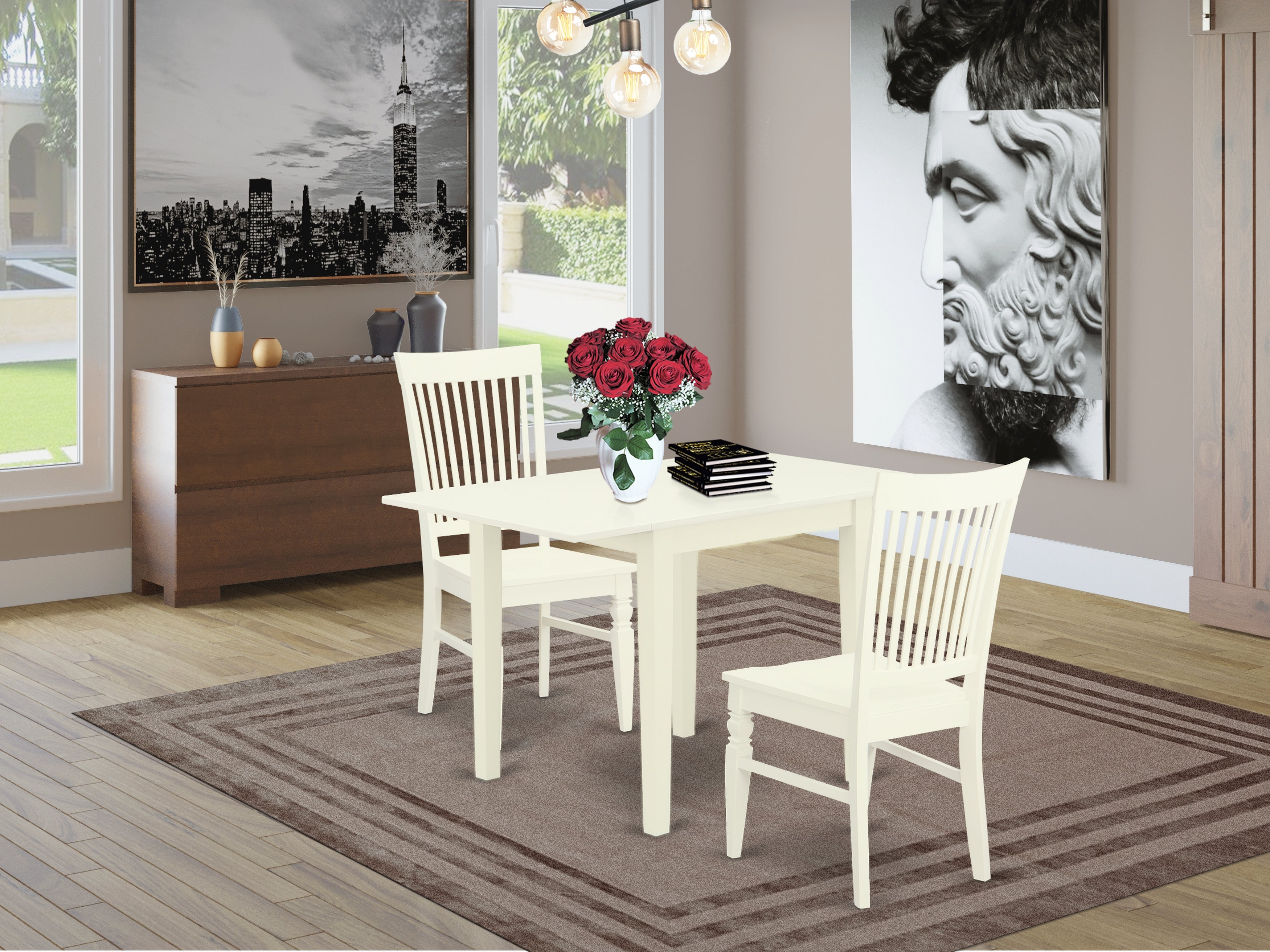 East West Furniture NDWE3-LWH-W, 3Pc Wood Dining Table Set Consists of a Drop Leaf Table and 2 Wooden Dining Chairs with Solid Wood Seat and Slat Back, Linen White Finish