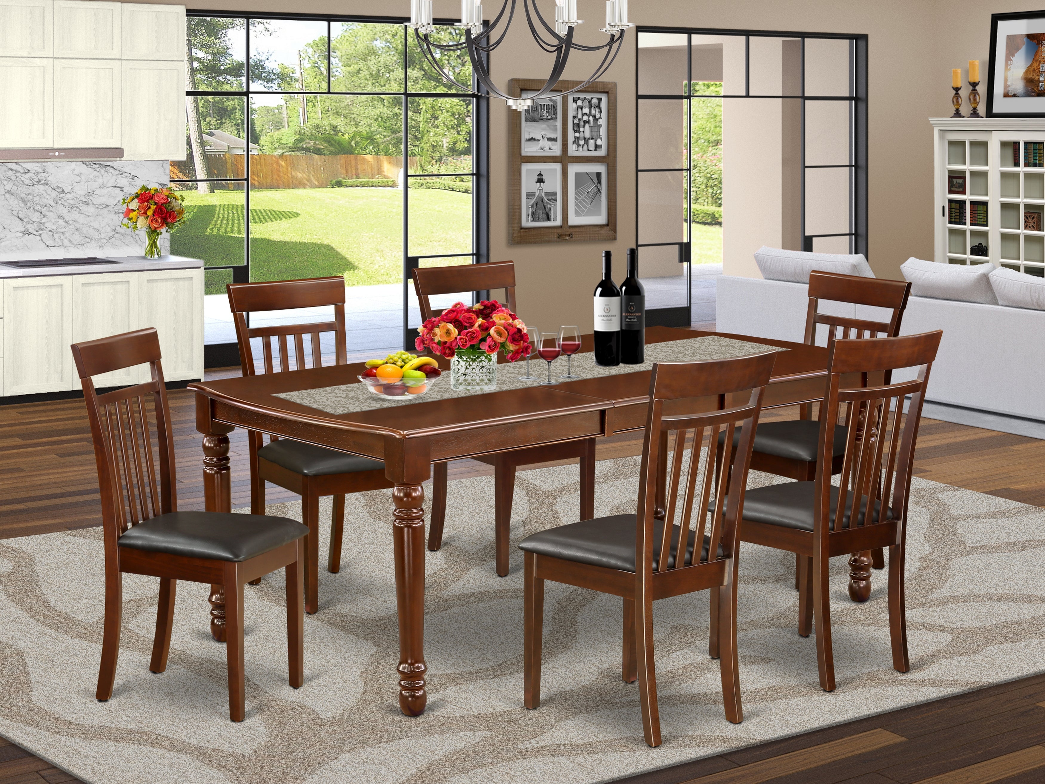 DOCA7-MAH-LC 7Pc Rectangle 60/78 Inch Dining Room Table With 18 In Leaf And Six Kitchen Faux Leather Seat Chairs