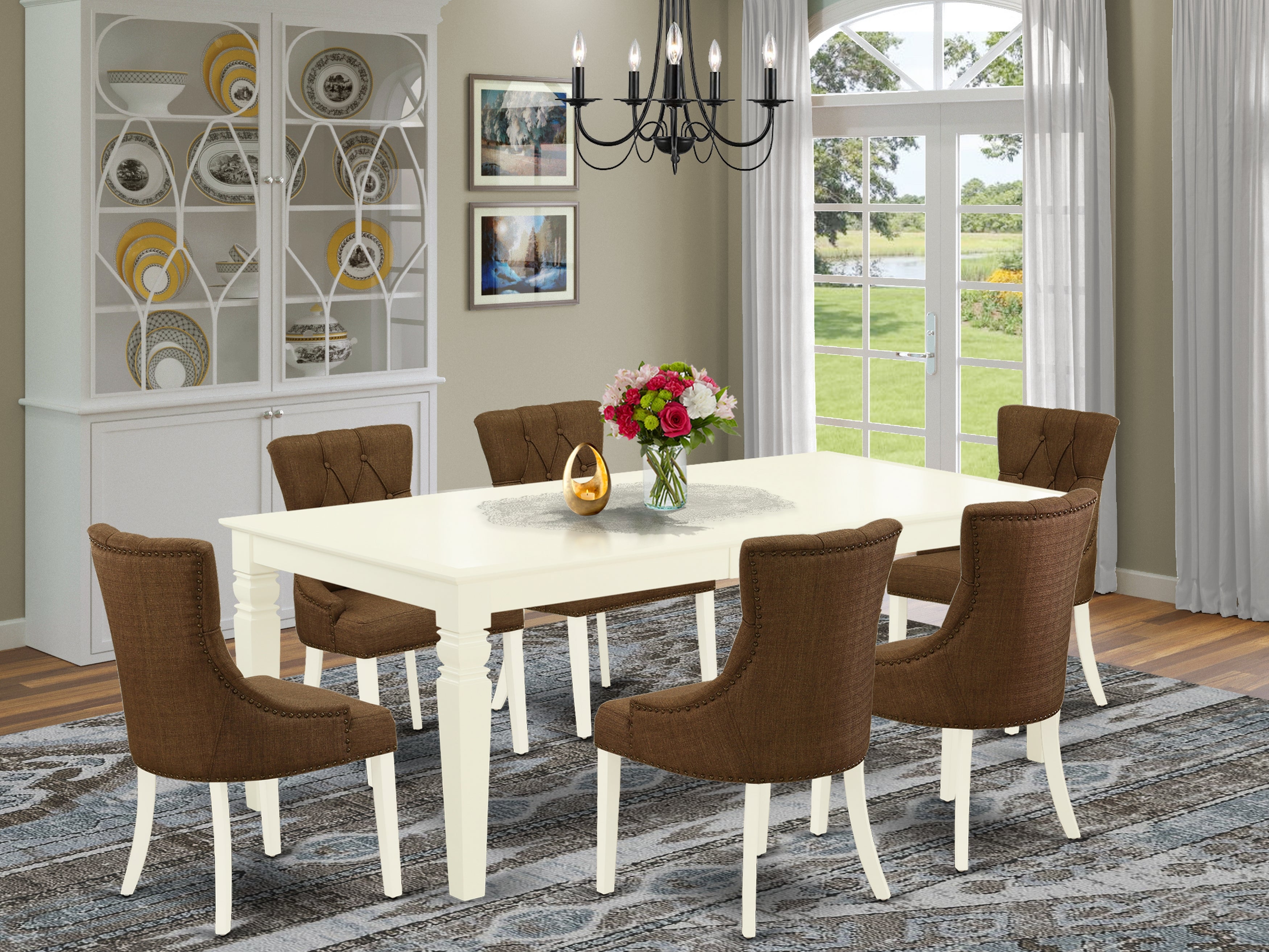 LGFR7-LWH-18 7Pc Dinette Set Includes a Rectangular Kitchen Table with Butterfly Leaf and Six Parson Chairs with Dark Coffee Fabric, Linen White Finish