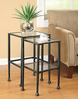 2-Piece Glass Top Nesting Tables With Shelf in Black