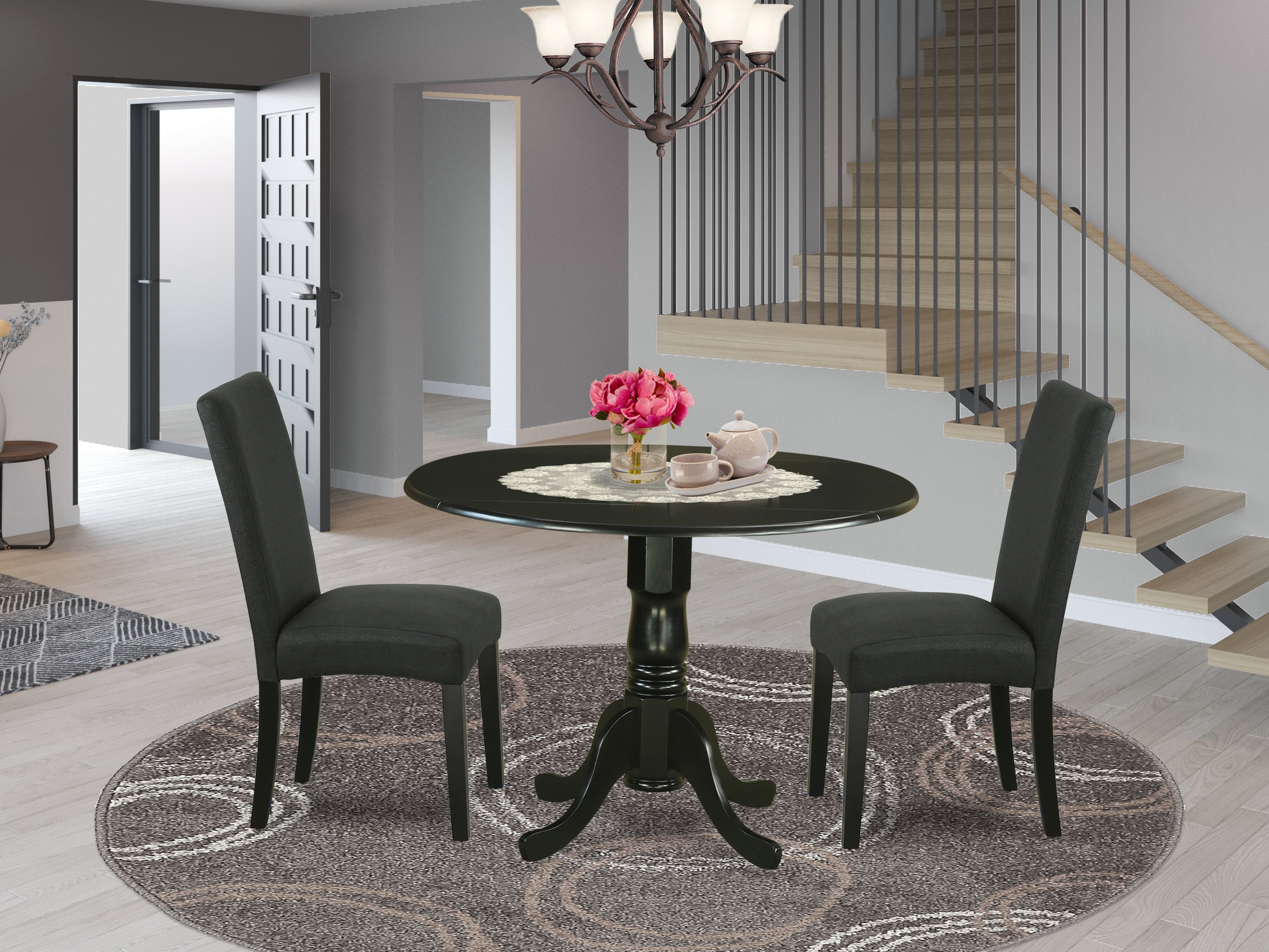 DLDR3-BLK-24 3Pc Round 42 Inch Dining Table With Two 9-Inch Drop Leaves And Two Parson Chair With Black Finish Leg And Linen Fabric- Black Color