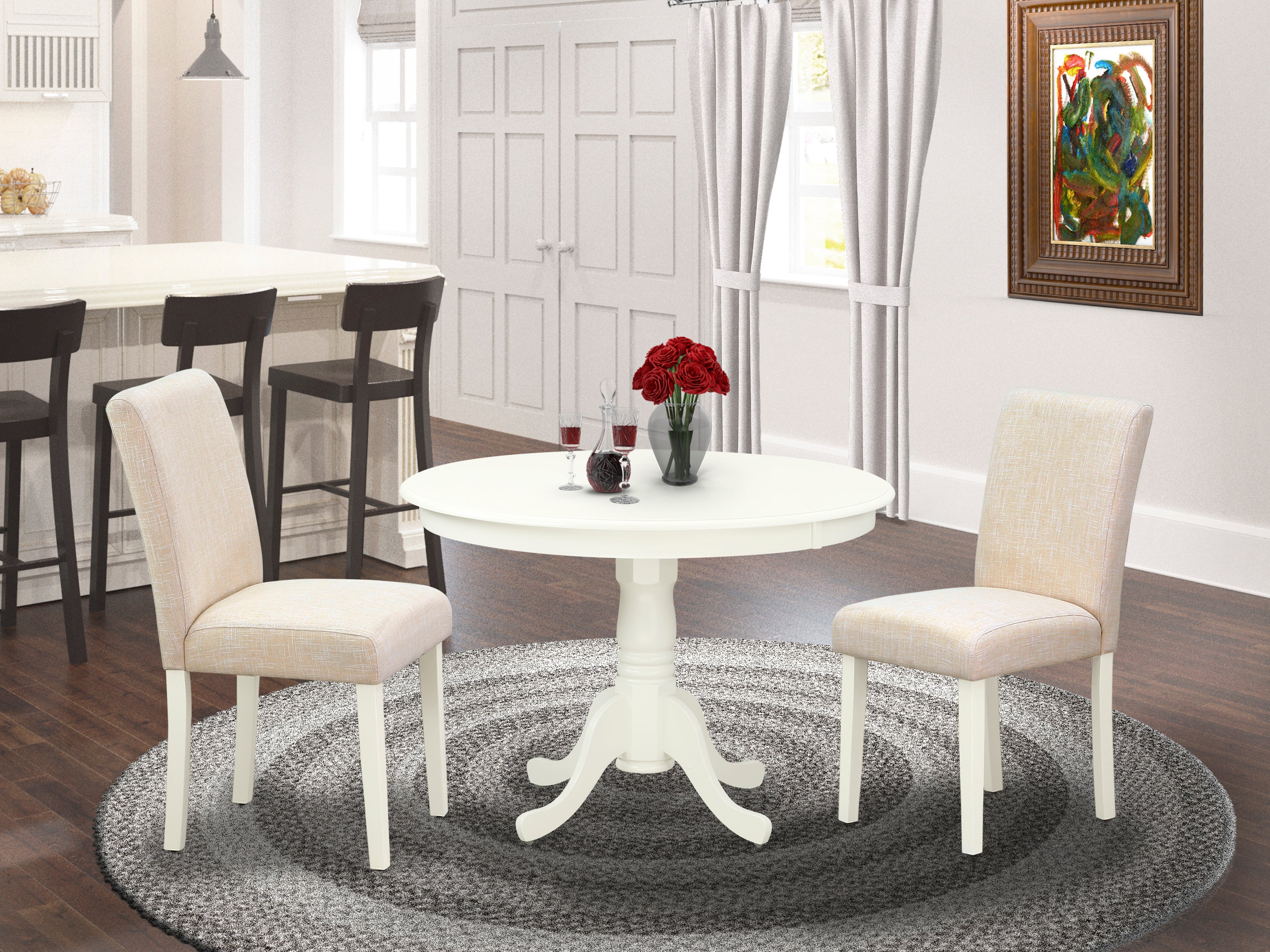 HLAB3-LWH-02 3Pc Round 42 Inch Kitchen Table And 2 Parson Chair With Linen White Leg And Linen Fabric Light Beige