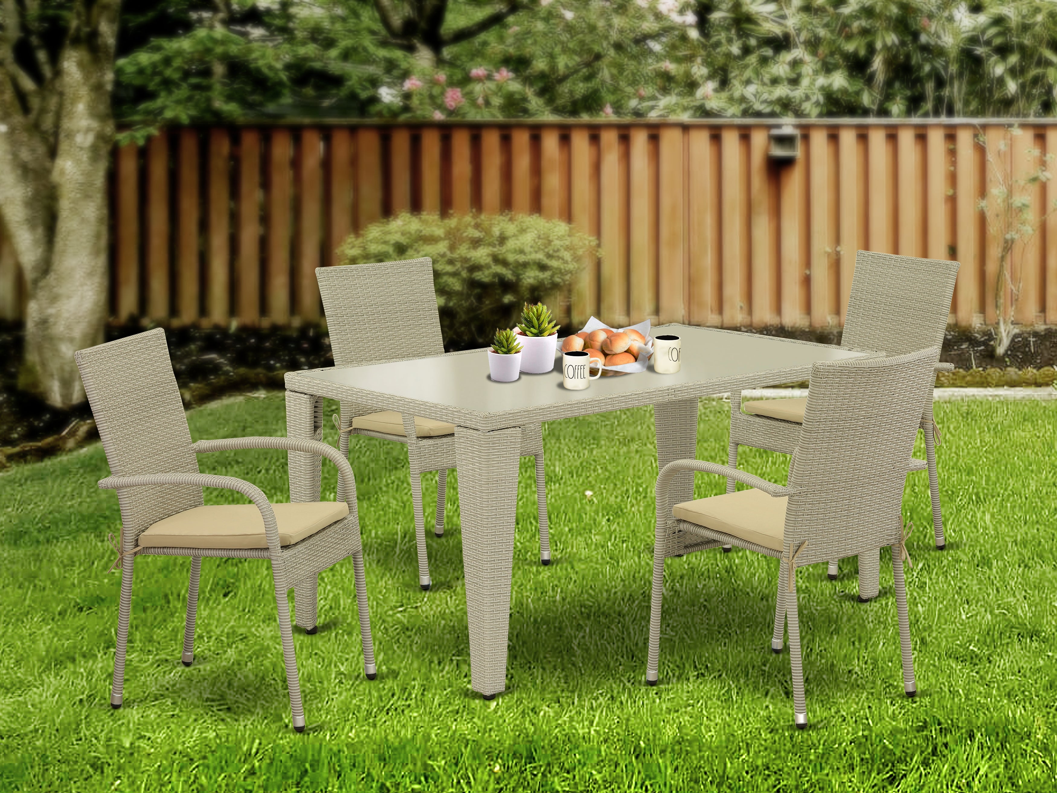 GUGU5-03A 5Pc Outdoor-Furniture Natural Color Wicker Dining Set Includes a Patio Table and 4 Balcony Backyard Armchair with Linen Fabric Cushion