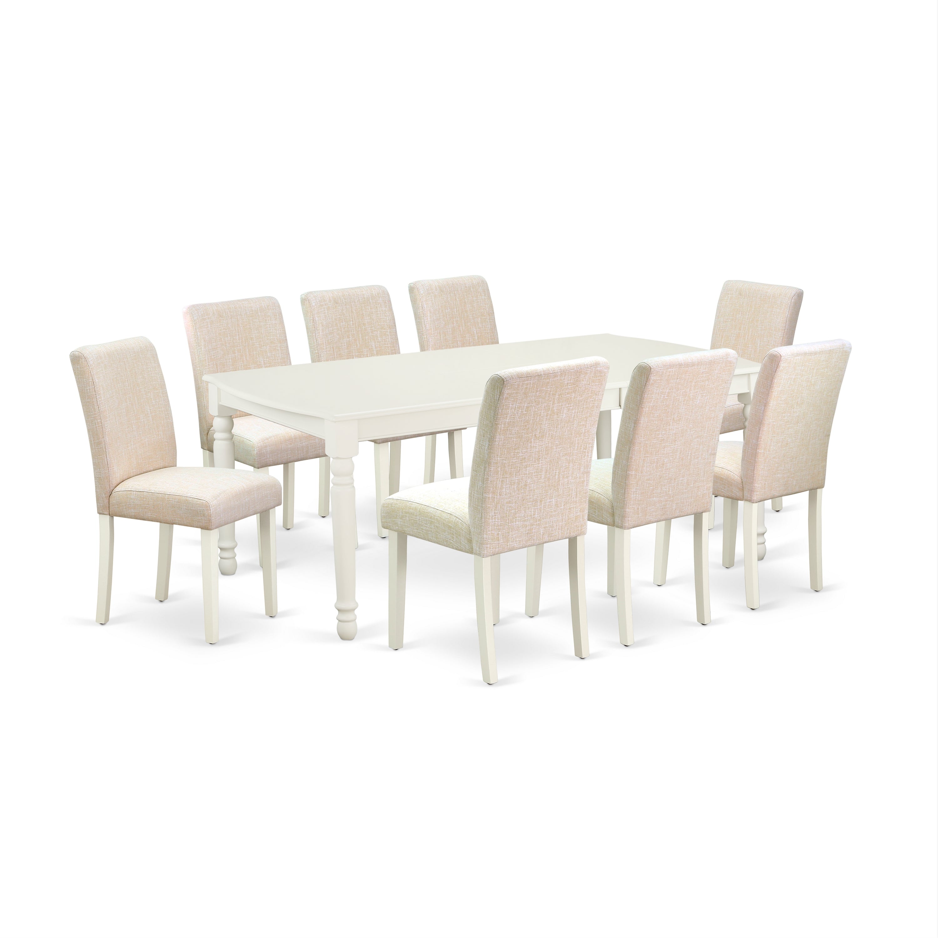 DOAB9-LWH-02 9Pc Rectangle 60/78 Inch Dining Table With 18 In Leaf And 8 Parson Chair With Linen White Leg And Linen Fabric Light Beige