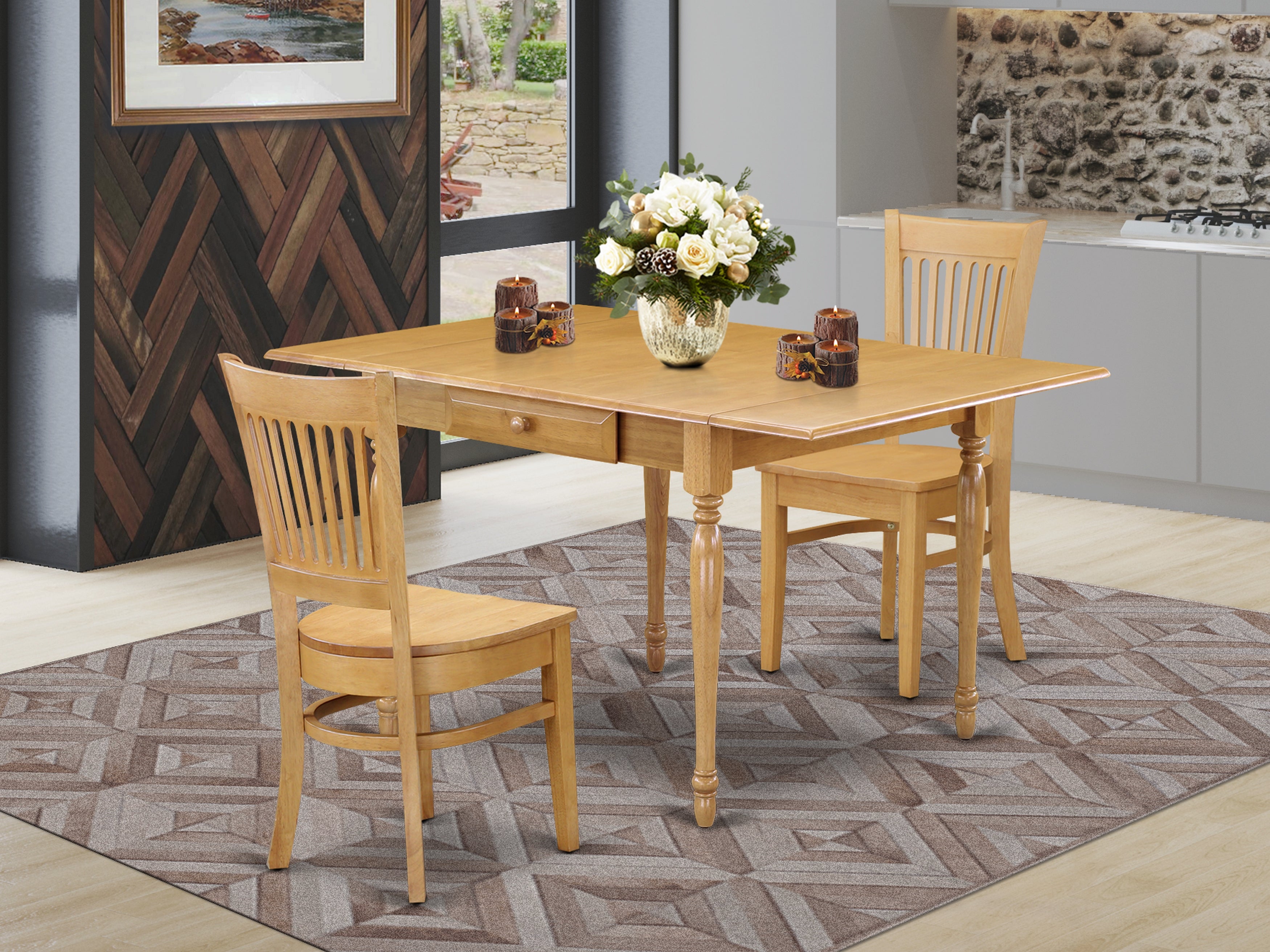 East West Furniture MZVA3-OAK-W 3 Pieces Dining Kitchen Table set - Durable Drop Leaf Real Wood Dining Table and 2 Solid Wood Seat Modern Dining Chairs, Oak Finish