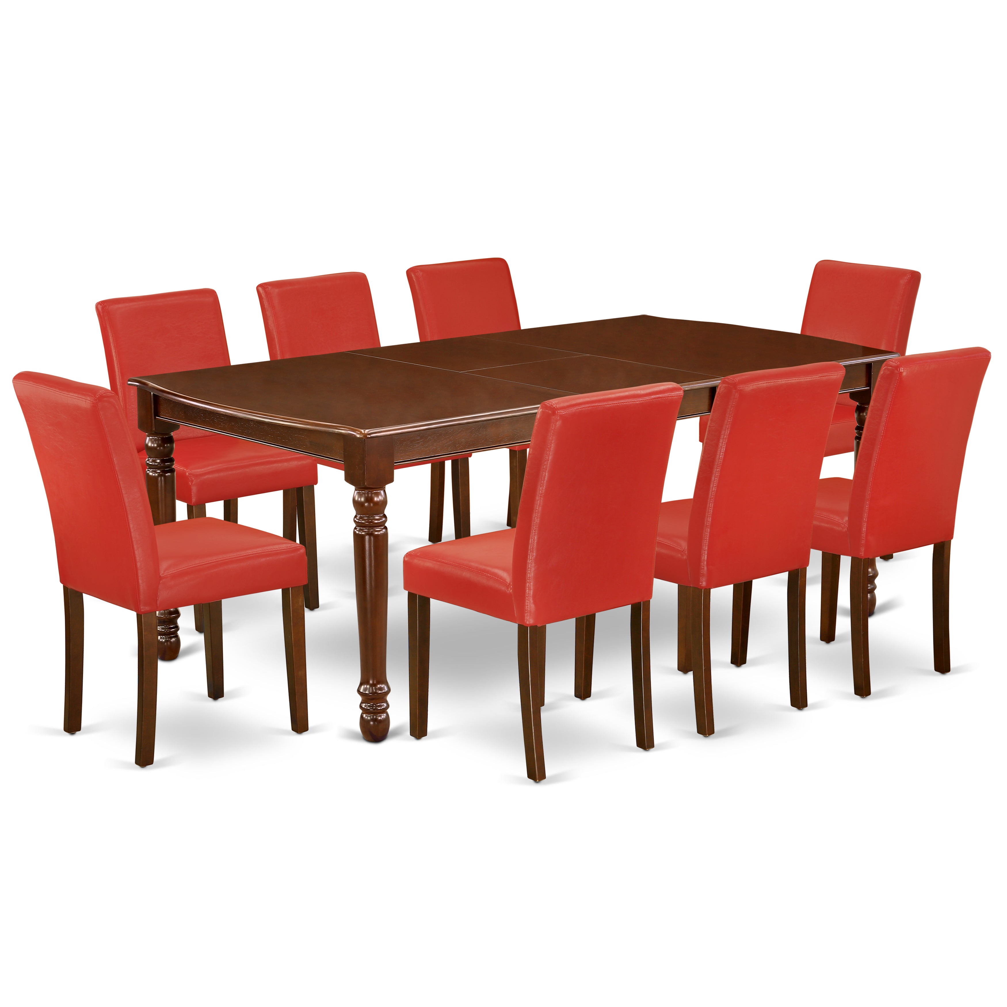 DOAB9-MAH-72 9Pc Rectangle 60/78 Inch Dining Table With 18 In Leaf And 8 Parson Chair With Mahogany Leg And Pu Leather Color Firebrick Red