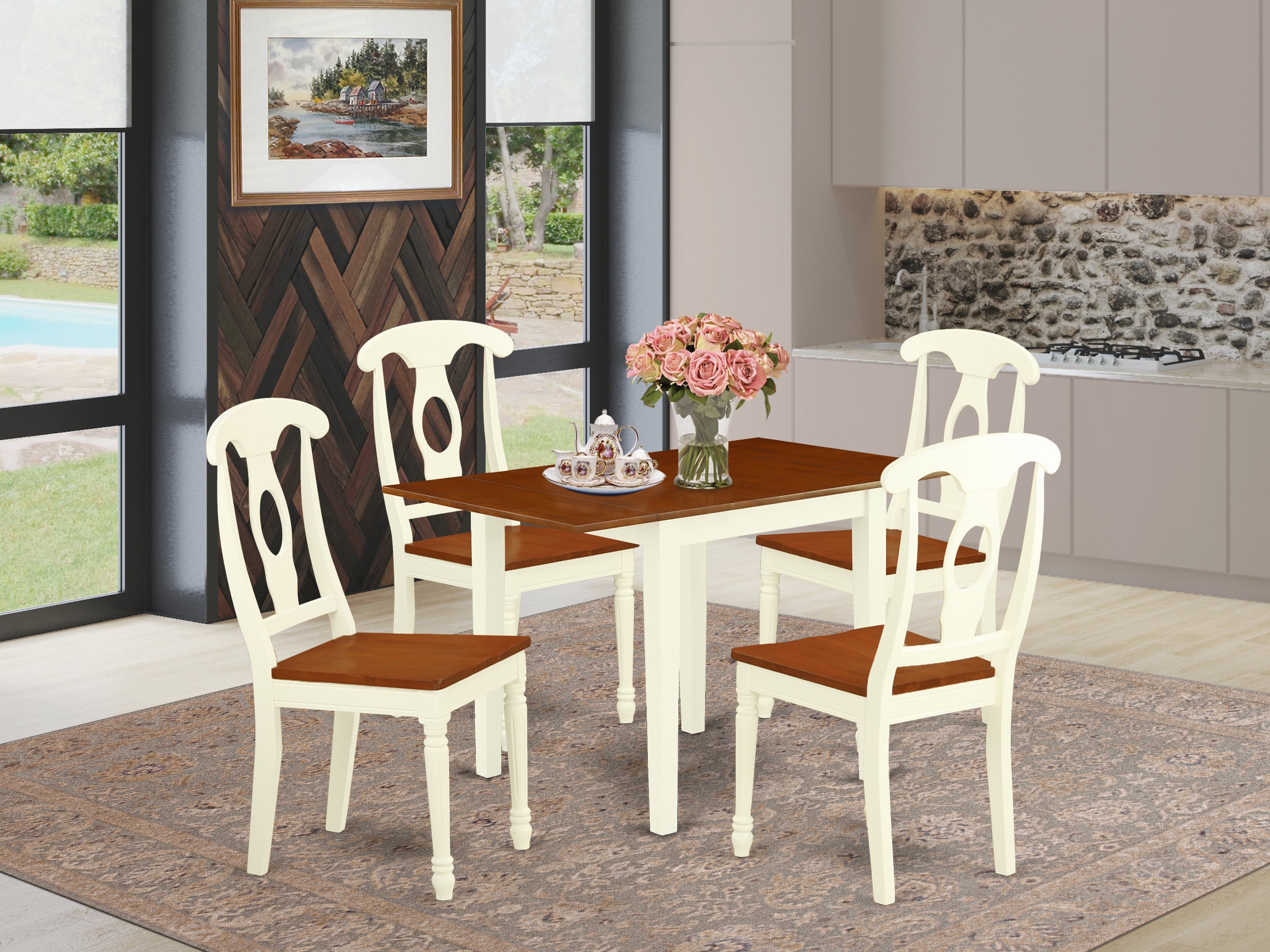 East West Furniture NDKE5-WHI-W 5Pc Dinette Set for Small Spaces Consists of a Small Dining Table and 4 Modern Dining Chairs with Asian Hardwood Seat and Napoleon Back, Buttermilk and Cherry Finish