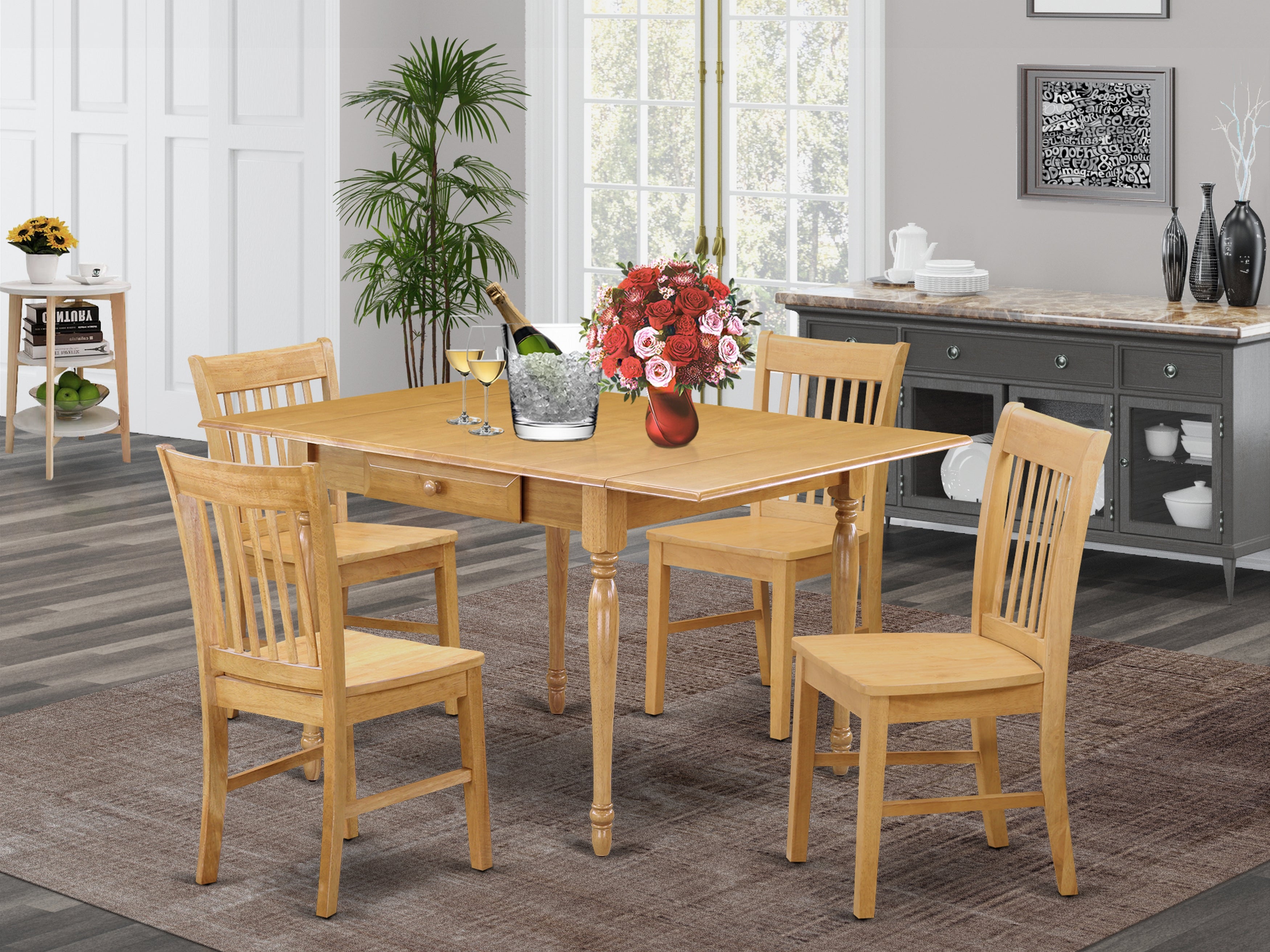 East West Furniture MZNO5-OAK-W 5 Pieces Modern Dining Table set - Strong Drop Leaf Solid Wood Dining Table and 4 Real Wood Seat Dining Room Chairs, Oak Finish