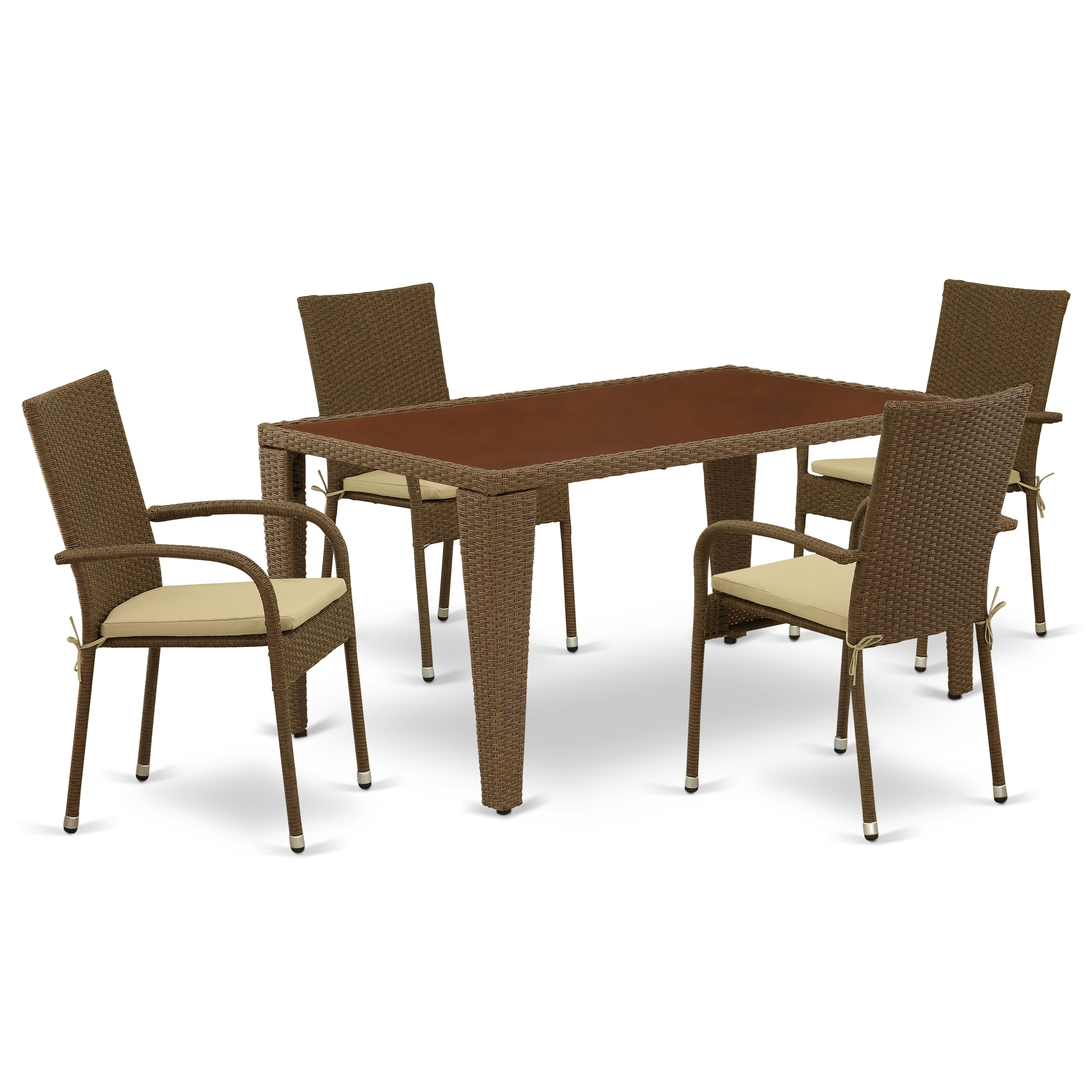 GUGU5-02A 5Pc Outdoor-Furniture Brown Wicker Dining Set Includes a Patio Table and 4 Balcony Backyard Armchair with Linen Fabric Cushion