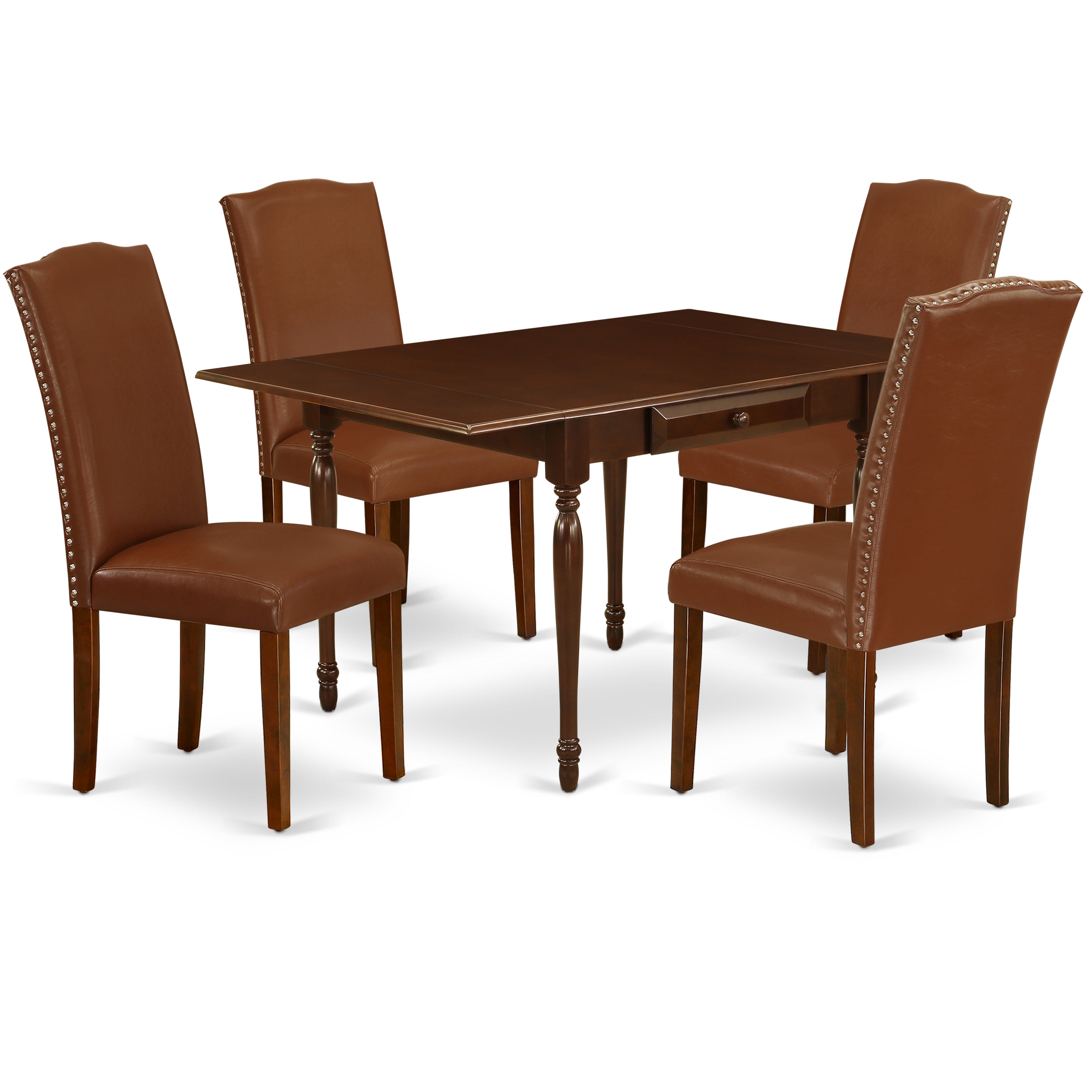 East West Furniture MZEN5-MAH-66 5Pc Dining Table Set Consists of a Small Dining Table and 4 Parsons Dining Chairs with Brown Color PU Leather, Drop Leaf Table with Full Back Chairs, Mahogany Finish