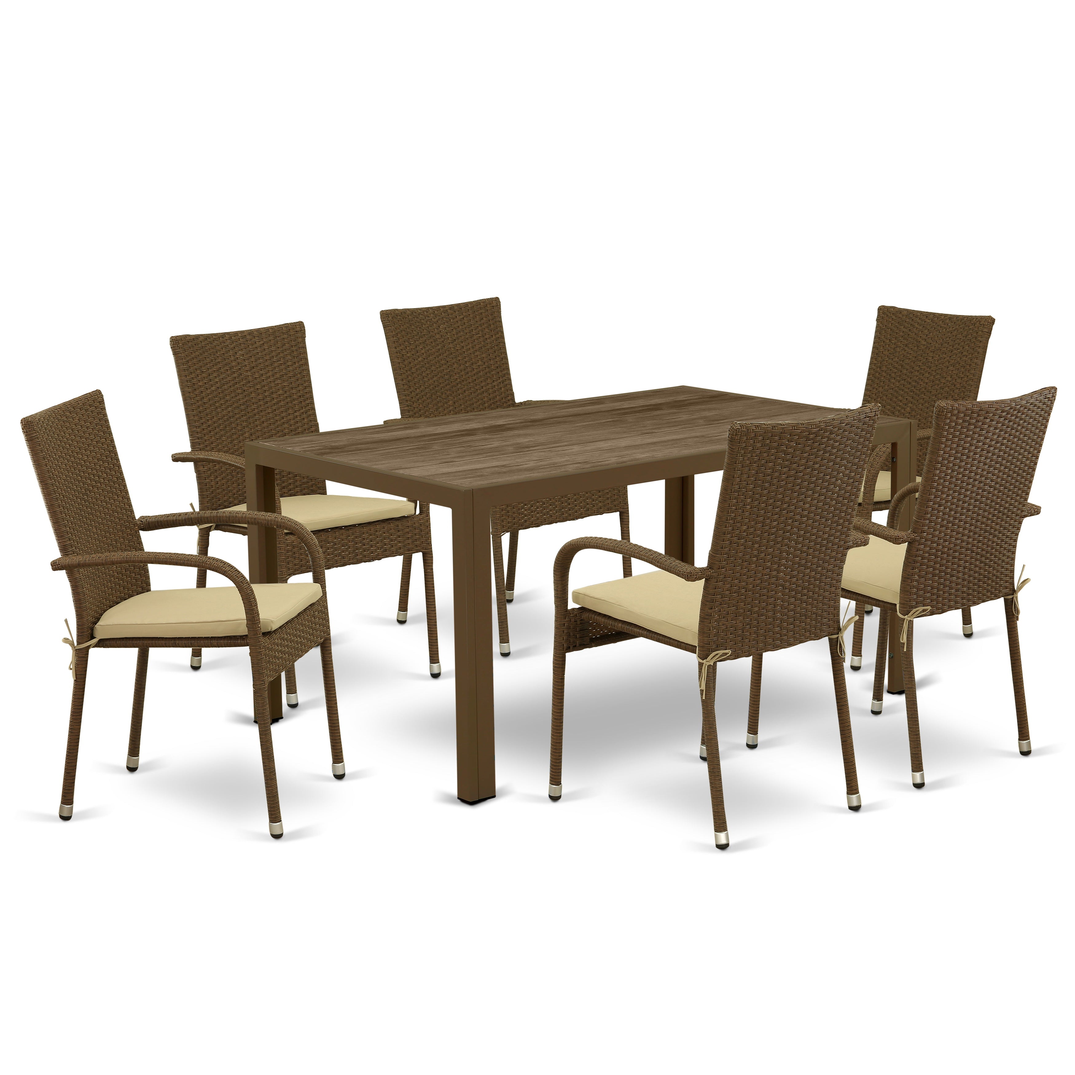 JUGU7-02A 7Pc Outdoor-Furniture Brown Wicker Dining Set Includes a Patio Table and 6 Balcony Backyard Armchair with Linen Fabric Cushion