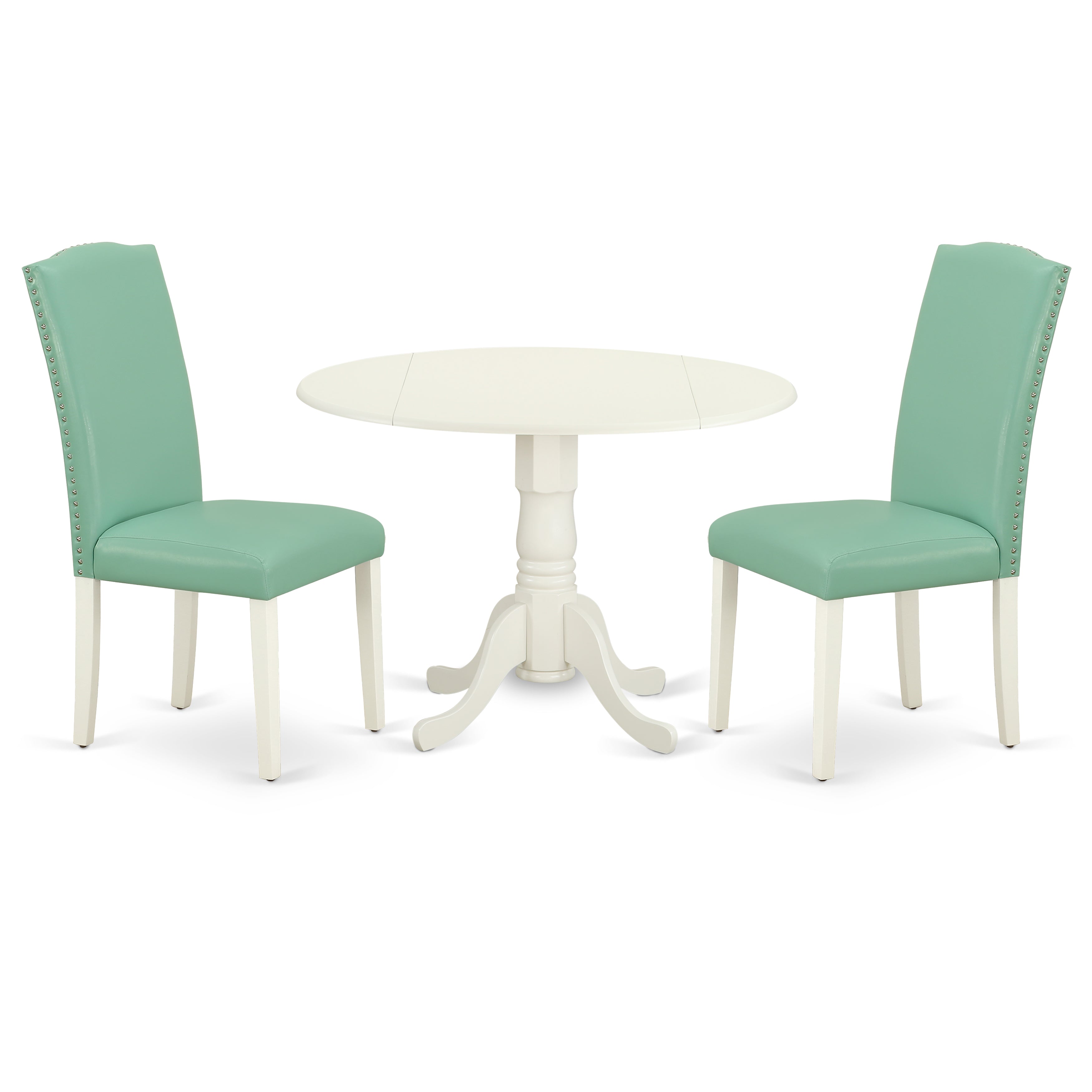 DLEN3-LWH-57 3Pc Round 42 Inch Kitchen Table With Two 9-Inch Drop Leaves And A Pair Of Parson Chair With Linen White Leg And Pu Leather Color Pond