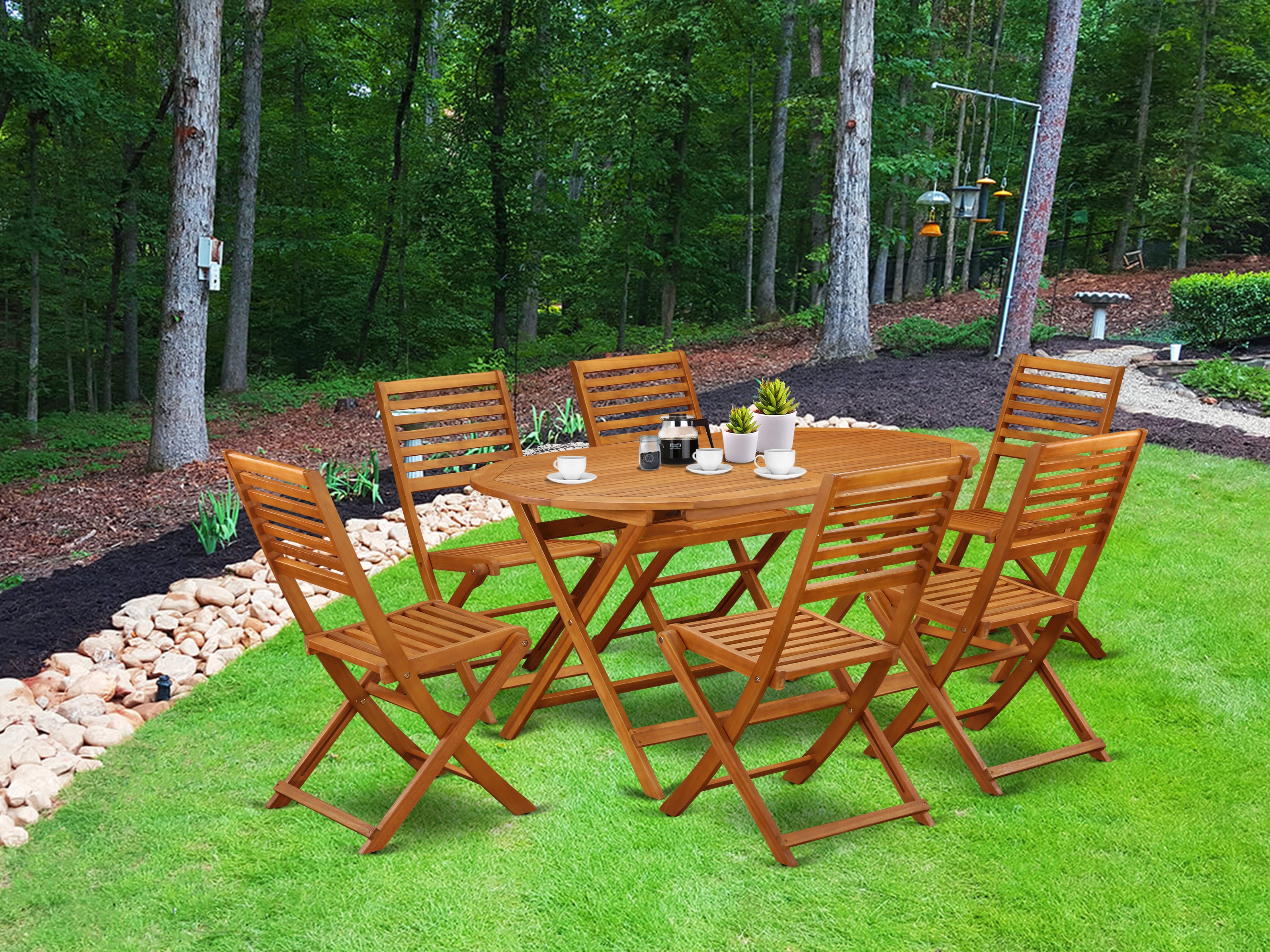 DIBS7CWNA This 7 Pc Acacia Courtyard Dining Sets includes a single Outdoor-Furniture table and 6 foldable chairs
