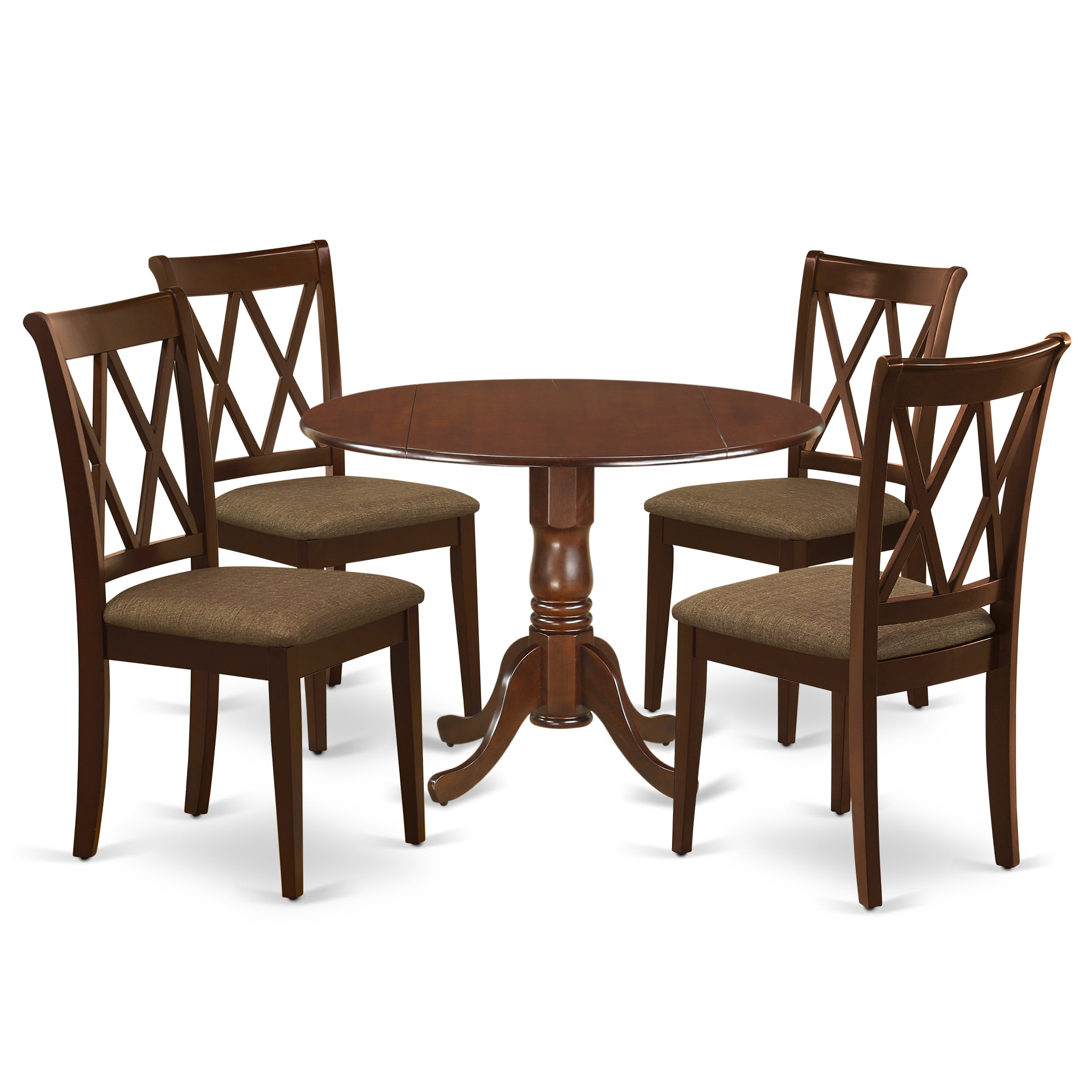DLCL5-MAH-C 5Pc Dining Set Includes a Round Dinette Table with Drop Leaves and Four Double X Back Microfiber Seat Kitchen Chairs, Mahogany Finish