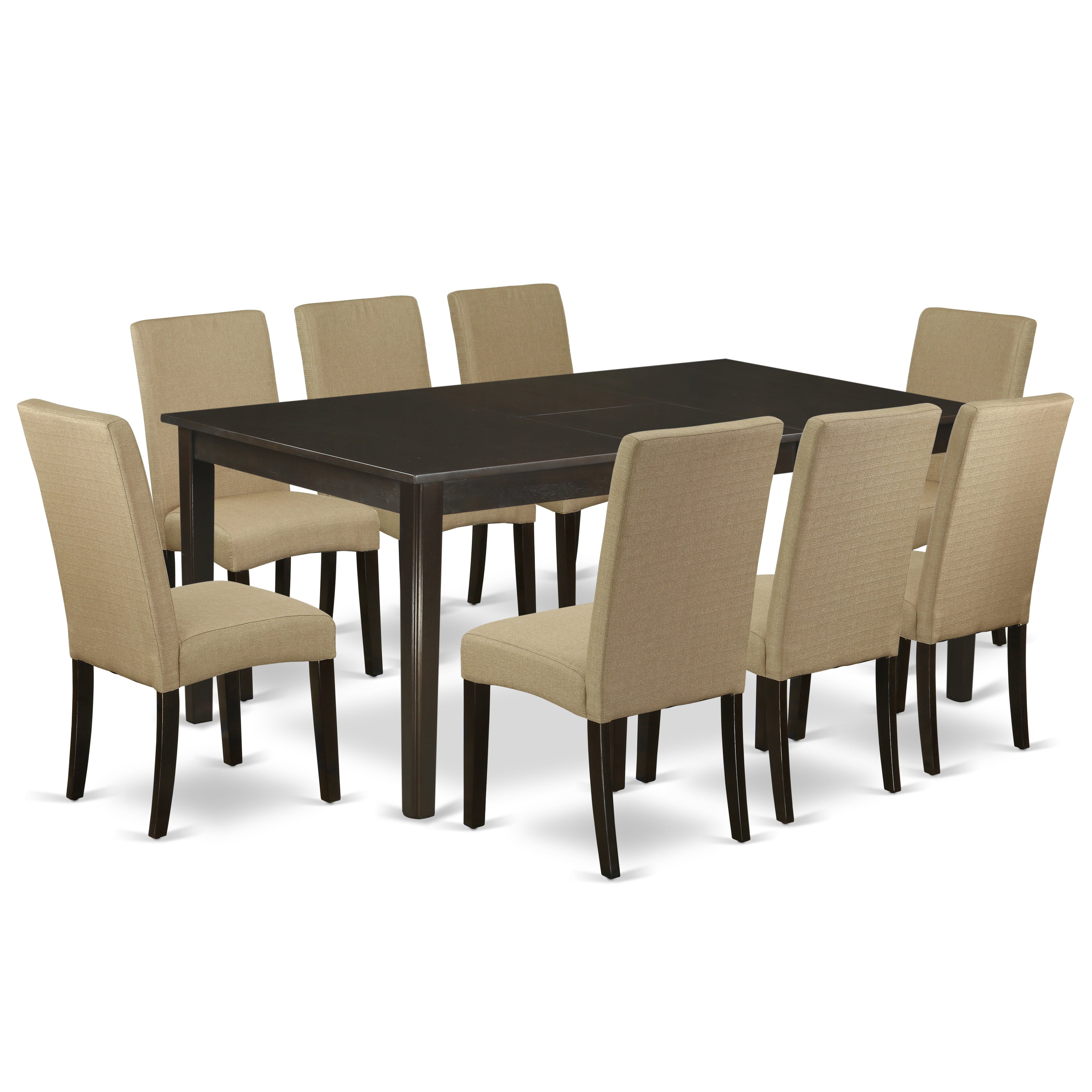 HEDR9-CAP-03 9 Pc Dining Room Set-Dining Table With Self Storing Butterfly Leaf Plus 8 Parson Chair With Cappuccino Finish Leg And Linen Fabric- Brown Color
