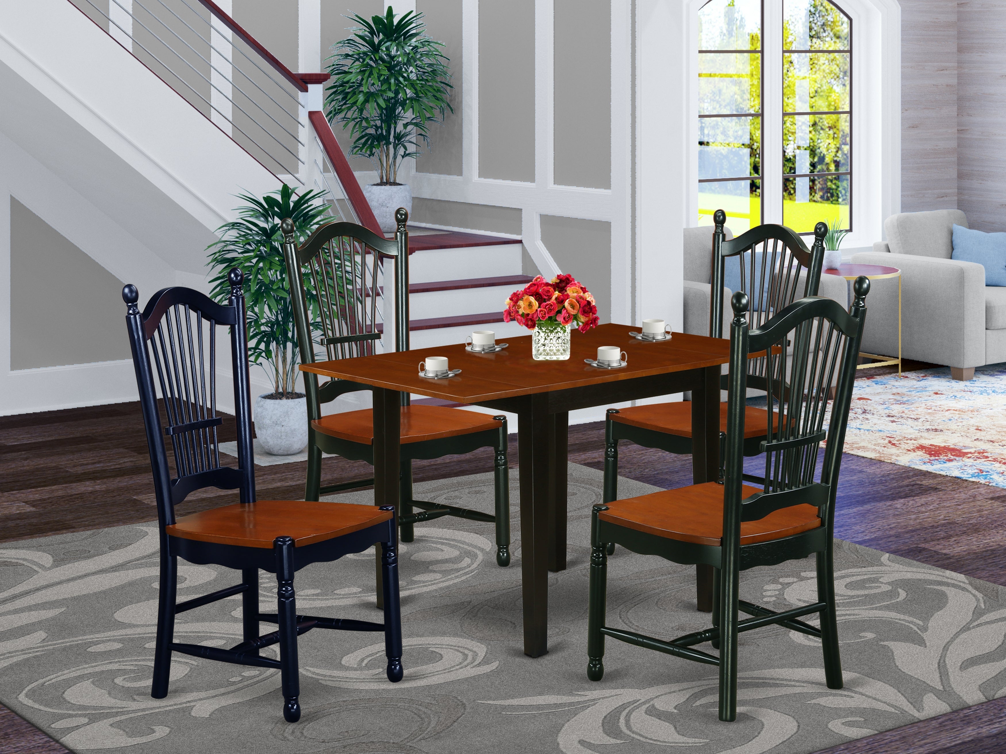 East West Furniture NDDO5-BCH-W Dinette Set 5 Pcs- 4 Fabulous Wood Chairs and an elegant Wooden Dining Table - Cherry Finish Wooden Chair Seat - Black Finish Wooden Structure.