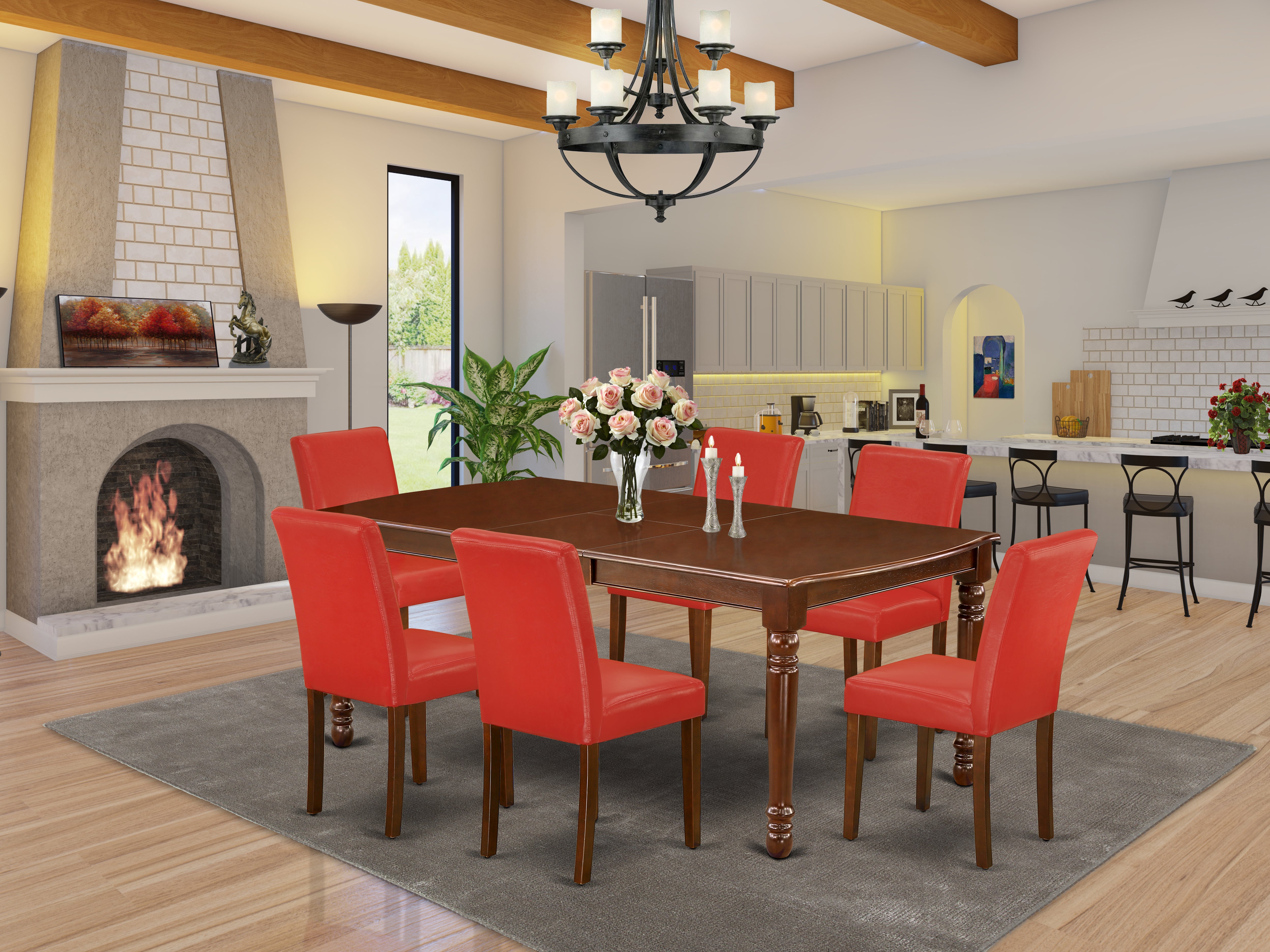 DOAB7-MAH-72 7Pc Rectangle 60/78 Inch Table With 18 In Leaf And 6 Parson Chair With Mahogany Leg And Pu Leather Color Firebrick Red