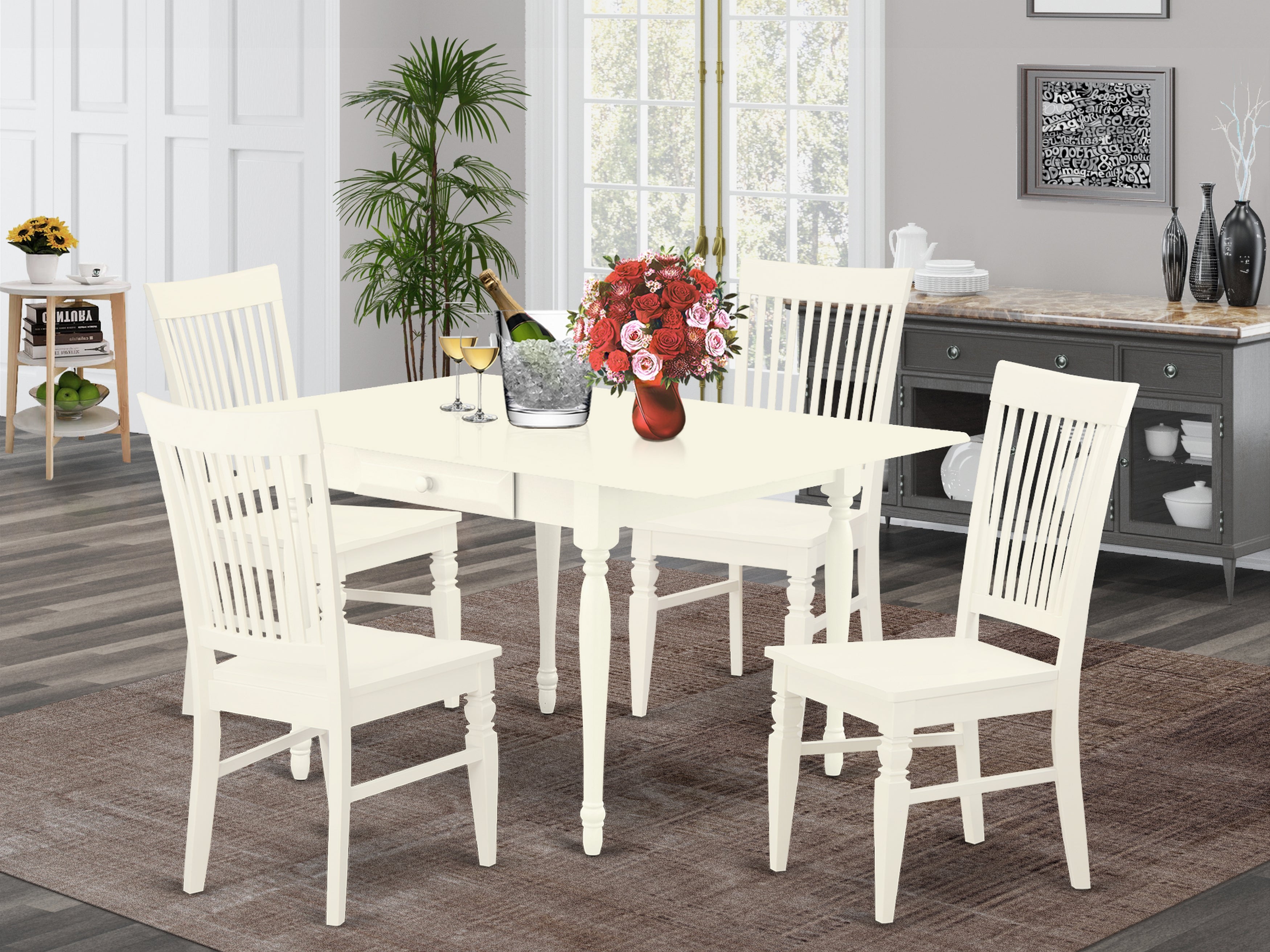 East West Furniture MZWE5-LWH-W 5 Pieces Kitchen Dining Table set - Durable Two 9-Inch Drop Down Leaves Real Wood Dining Table and 4 Wooden Seat Dining Chairs, Linen White Finish