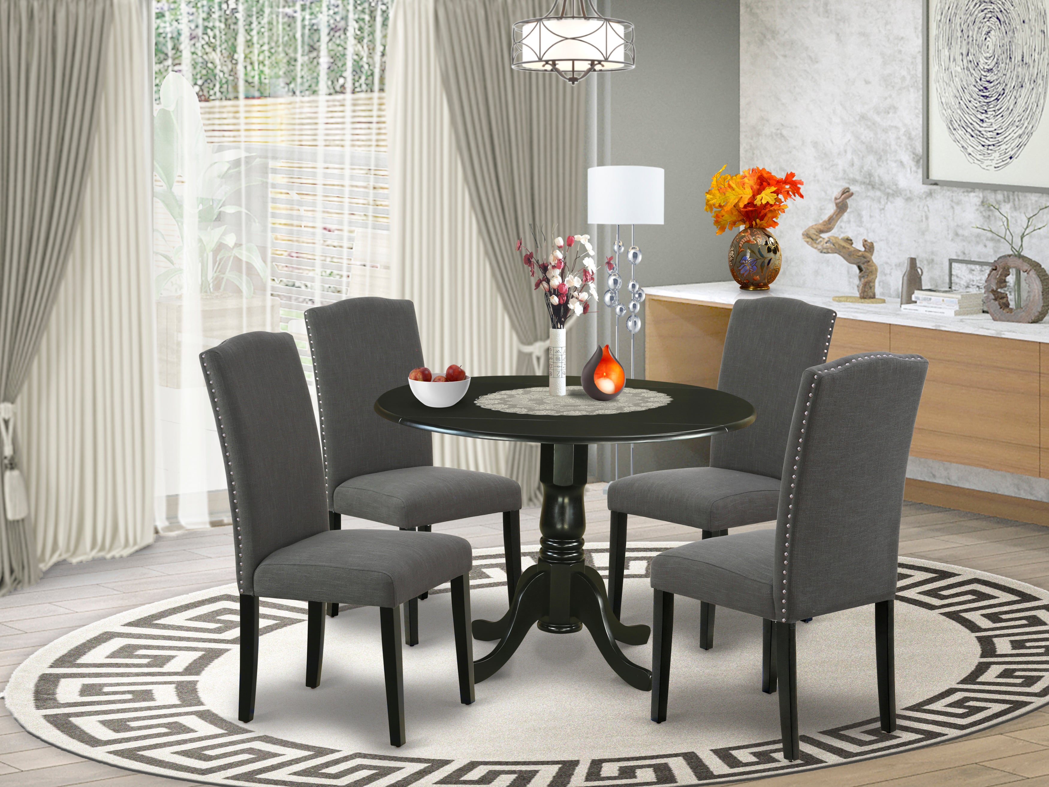 DLEN5-BLK-20 5Pc Round 42" Kitchen Table With Two 9-Inch Drop Leaves And Four Parson Chair With Black Leg And Linen Fabric Dark Gotham Grey