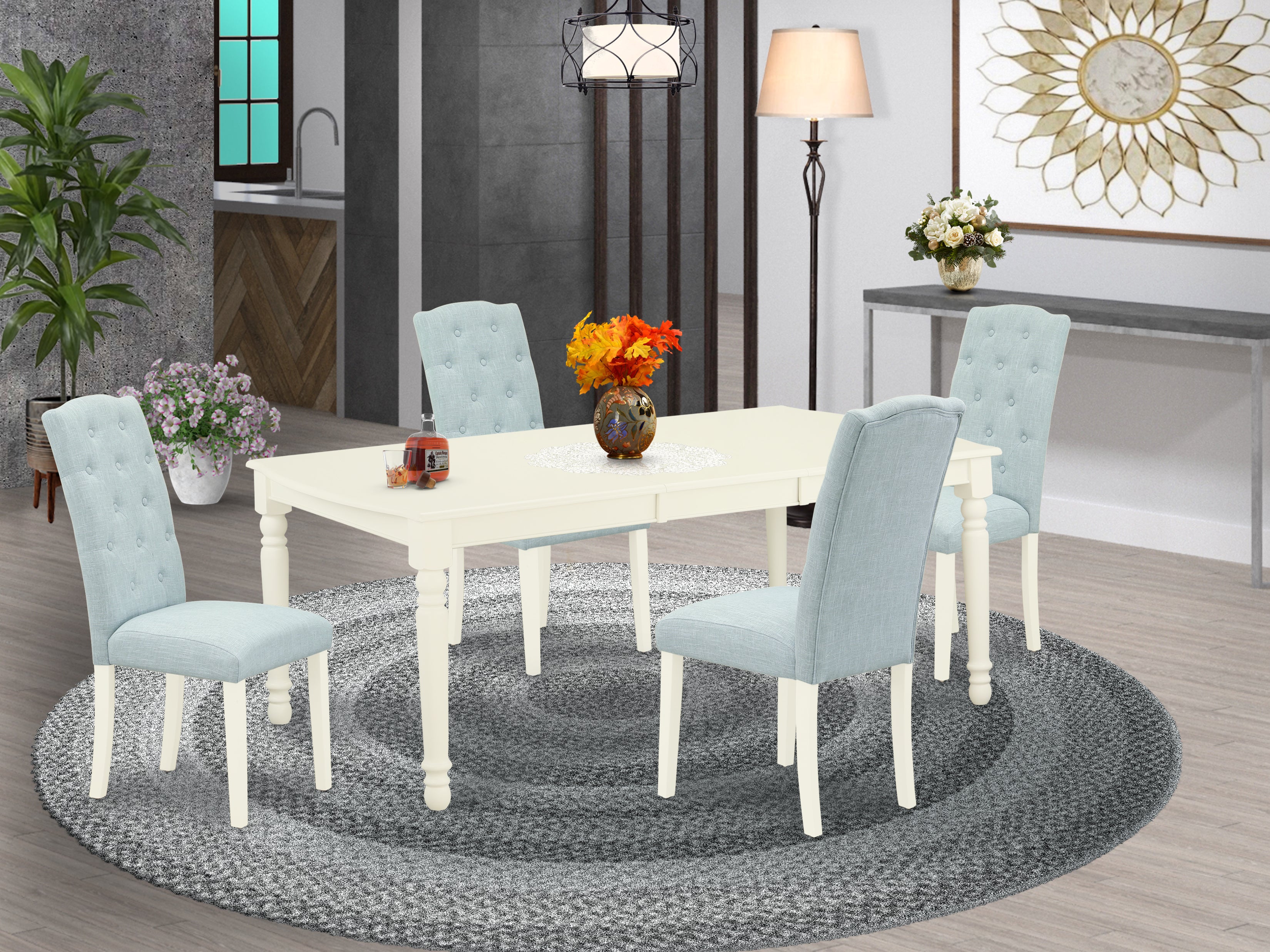 DOCE5-LWH-15 5Pc Dining Set Includes a Rectangle Dinette Table with Butterfly Leaf and Four Parson Chairs with Baby Blue Fabric, Linen White Finish